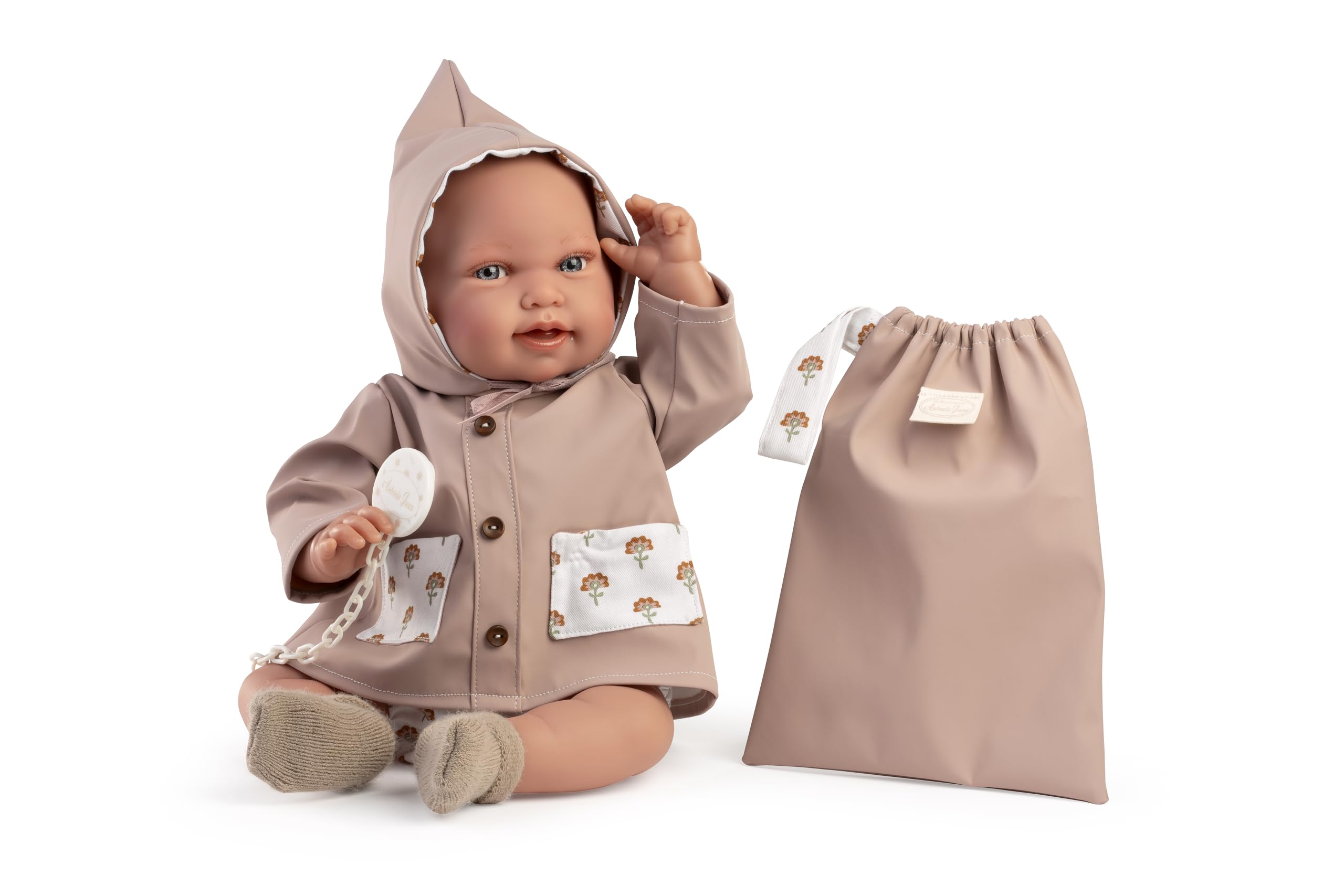 Muñecas Antonio Juan Recién Nacida Pipa con Chubasquero, 42 cm, Cuerpo Blandito, Incluye Bolsita, Chupete y Calcetines, Multicolor, 3 Años