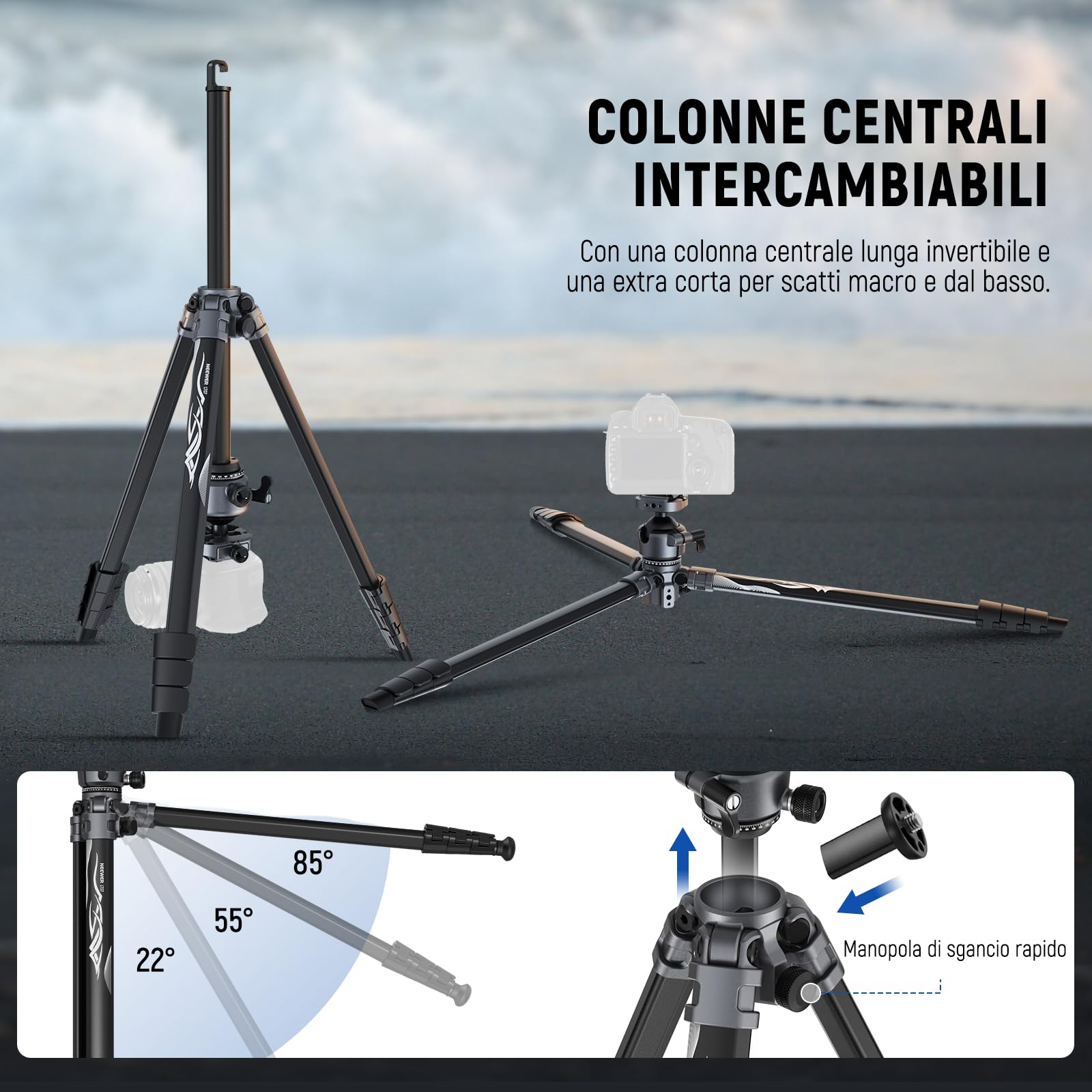 NEEWER LITETRIP LT07 61" Treppiede da Viaggio in Alluminio per Fotocamera con Testa Sfera a Basso Profilo, Piastra QR Arca Compatibile con Peak Design Tripod Plate V3, Doppio Asse Centrale, Max 10kg