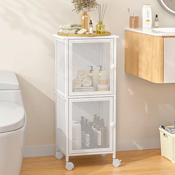 Small Bathroom Storage Cabinet with Movable Wheels, Wooden Bathroom Standing Shelf with 2 Metal Doors, Slim Bathroom Storage Cart for Small Spaces, Laundry, Kitchen, Narrow Stand Storage Unit, White