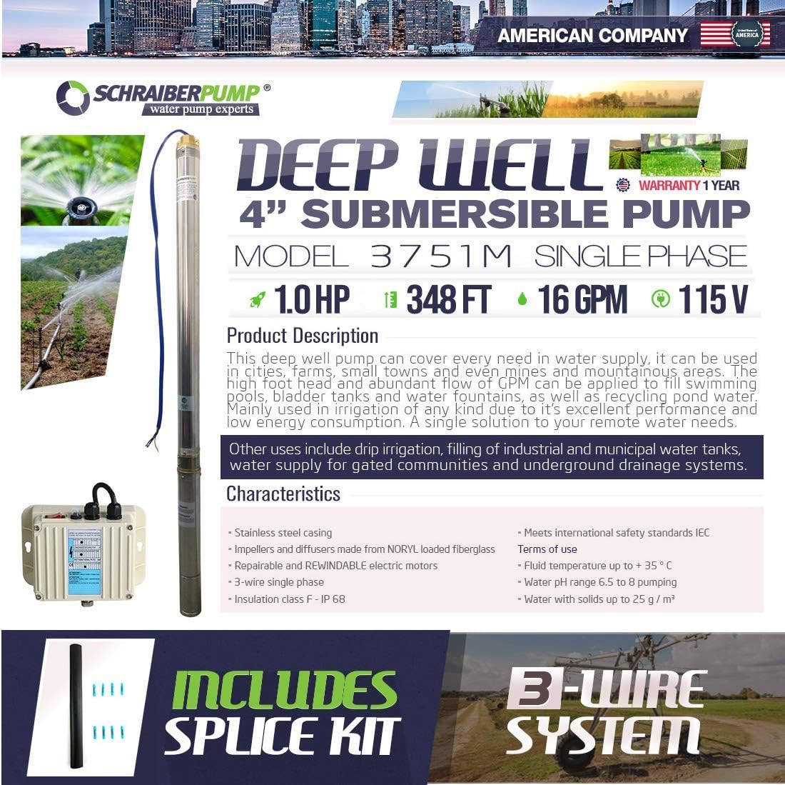 60% оƒƒ Dіѕсоunt SCHRAIBERPUMP 3 SUBMERSIBLE DEEP WELL PUMP 1HP 115v 348FT 16GPM w/control box 2 Year WARRANTY - STAINLESS STEEL INCLUDES WIRE SPLICE KIT - model 3751M