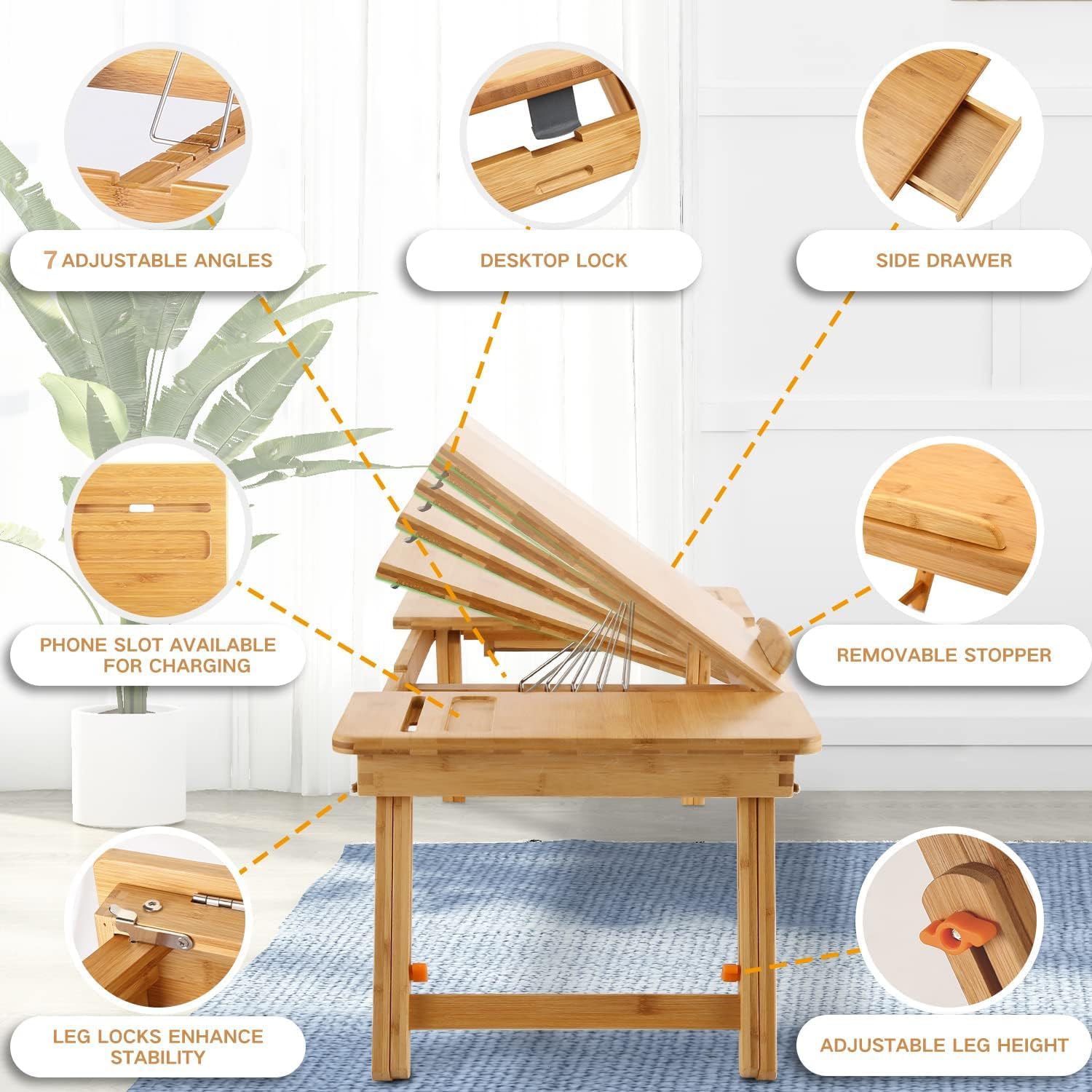 Detailed dimensions of the Nnewvante Bamboo Laptop Desk, including length, width, and height measurements.