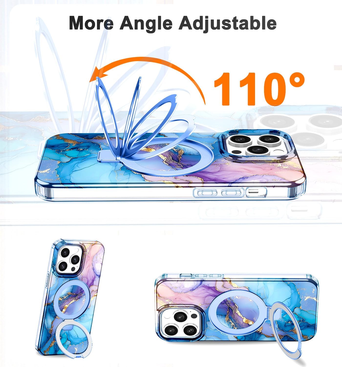 Lamcase for iPhone 14 Pro Max Case with Magnetic Invisible Ring Stand [Compatible with MagSafe], Full Body Rugged Slim Women Men Girl Shockproof Marble Pattern Design Case, Blue Gold