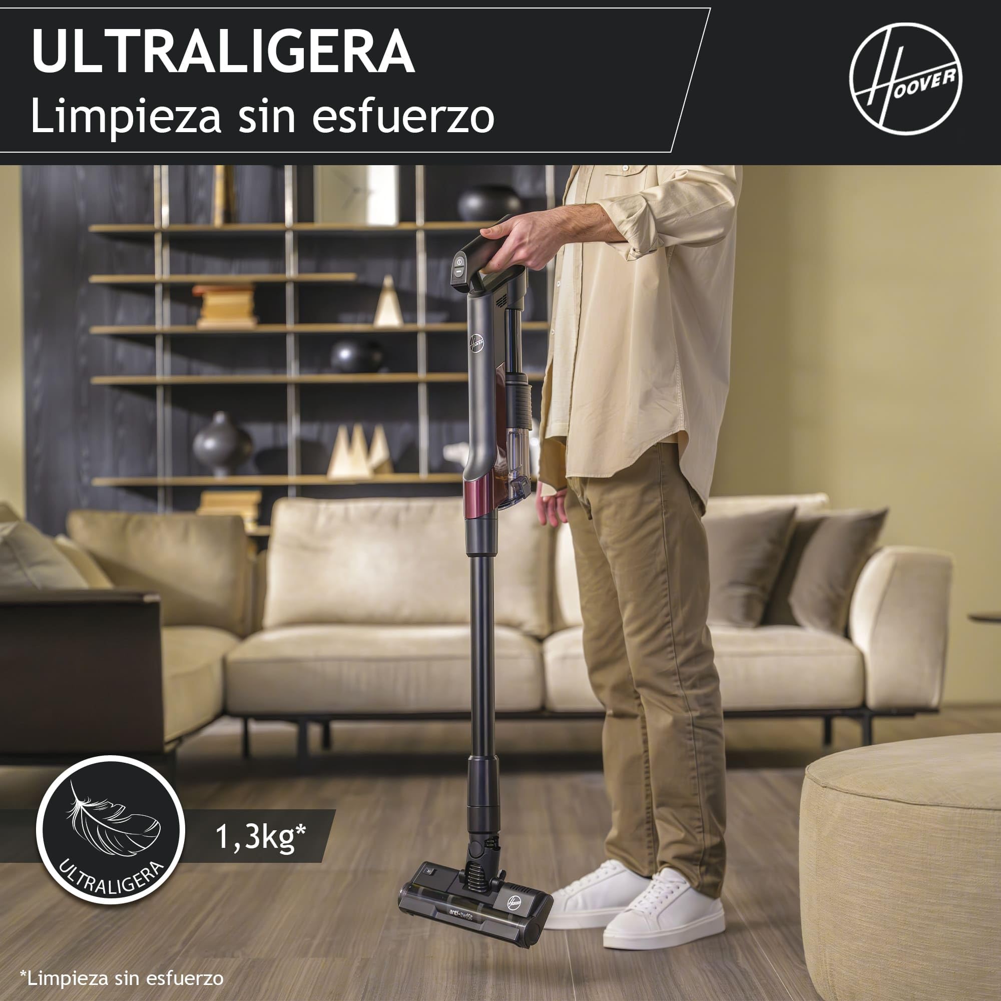 Hoover Aspiradora Escoba Sin Cable Ultraligera, 500 POWERTIME, Compacta el Polvo para Aumentar la Potencia de succión, Cepillo para Suelos Duros, Anti-Enredos, Luces LED [HF2]