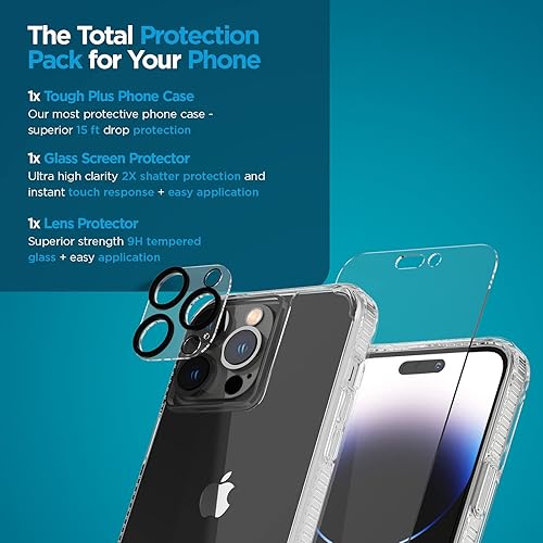 Miniatura 10 de Case-Mate Paquete de protección 3 en 1  Funda para iPhone 14 Pro (resistente transparente), vidrio templado y protector de lente, protección contra