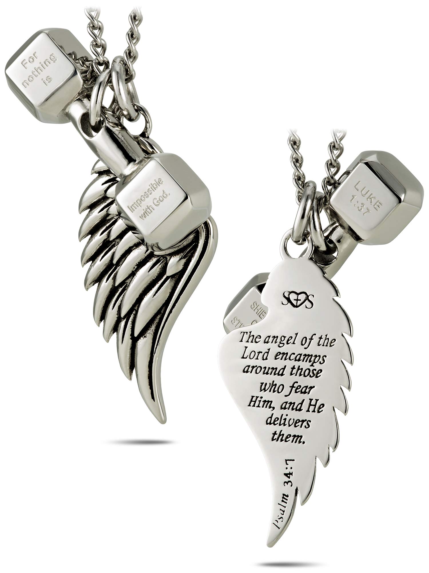 Women's Stainless Steel Combo Necklace-Luke 1:37 Mini Dumbbell/Angel Wing  Psalm 34:7