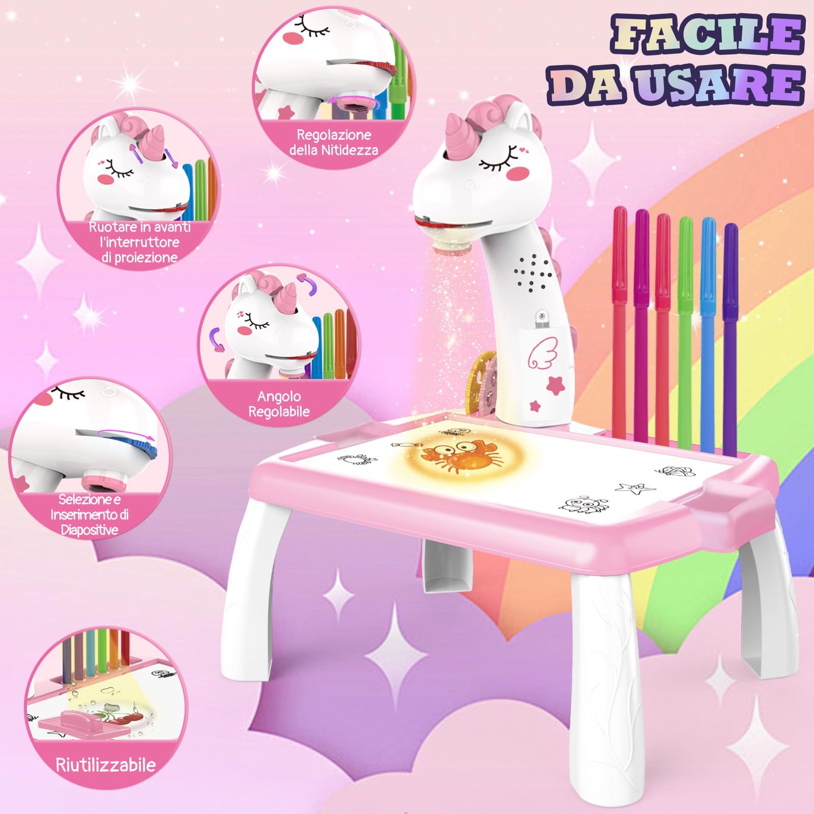 BuzzoXerex Proiettore Disegno Bambini, Tavolo da Disegno per Bambini 48 Pezzi Proiettore Colorare Bambino con 48 Motivi, Album da Disegno, Album di Adesivi, Penne Colorate per 3-10 Anni (Rosa)