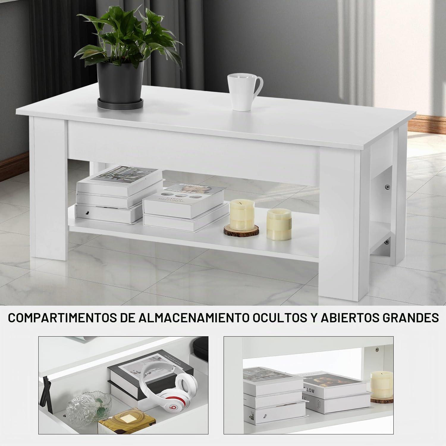 Mesa de Centro Elevable y Extensible, Mesa de Salón o Comedor Mesita Cafe con Almacenaje y Estante Almacenamiento Oculto Modernos Blanco 98x50x(42-56) cm