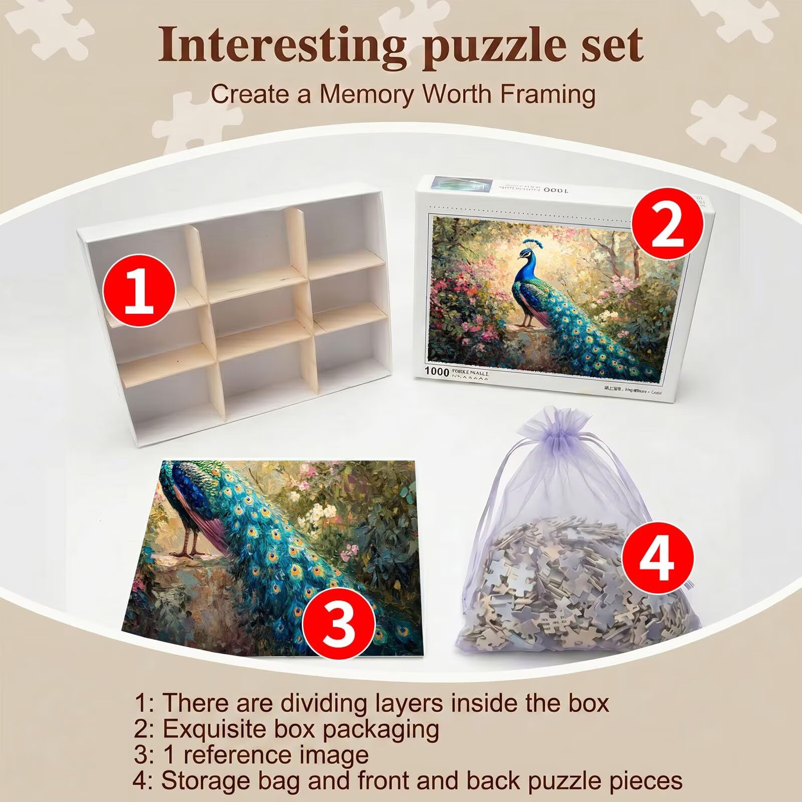 Puzzle 3000 Pezzi Classici, Puzzle Pavone giardino 122 x 81 cm, Gioco Educativo e Antistress in Legno con Poster Incluso, Ttività DIY per Famiglia, Regalo per Appassionati, Decor Parete Casa, f0-587