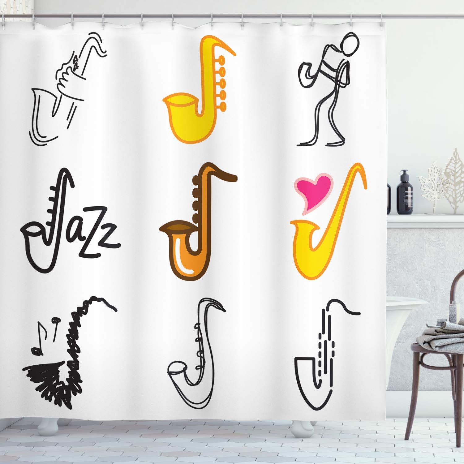 Ambesonne Music Shower Curtain, Colorful Illustration of Saxophone with Heart and Man Art Print, Cloth Fabric Bathroom Decor Set with Hooks, 69" W x 84" L, Black White Yellow
