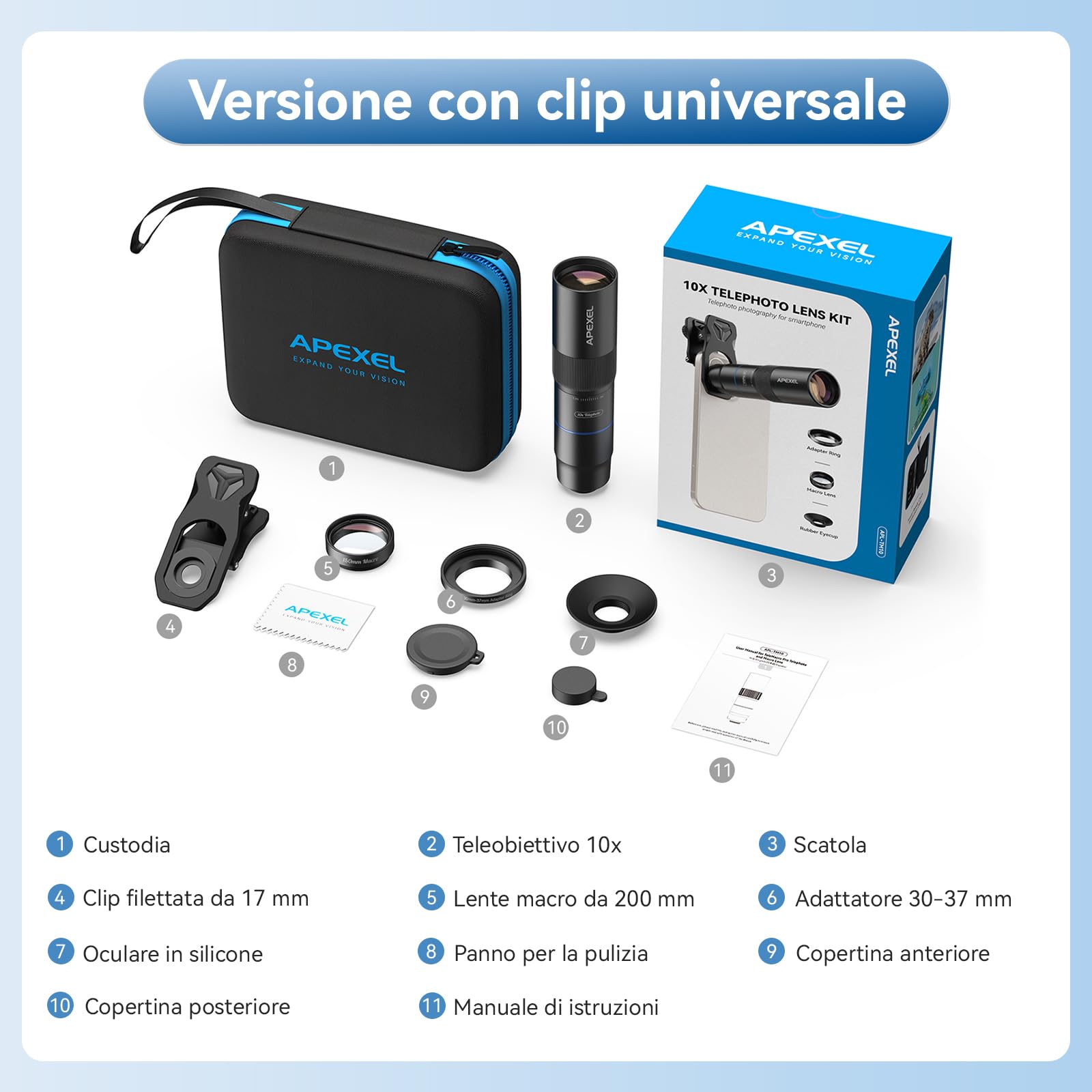 APEXEL Teleobiettivo Compatto 10x & Lente Macro 200 mm per Smartphone con Clip Universale, Obiettivo ED Professionale FMC, Adatto per iPhone 17/16/15... Samsung, Pixel e Altri Smartphone