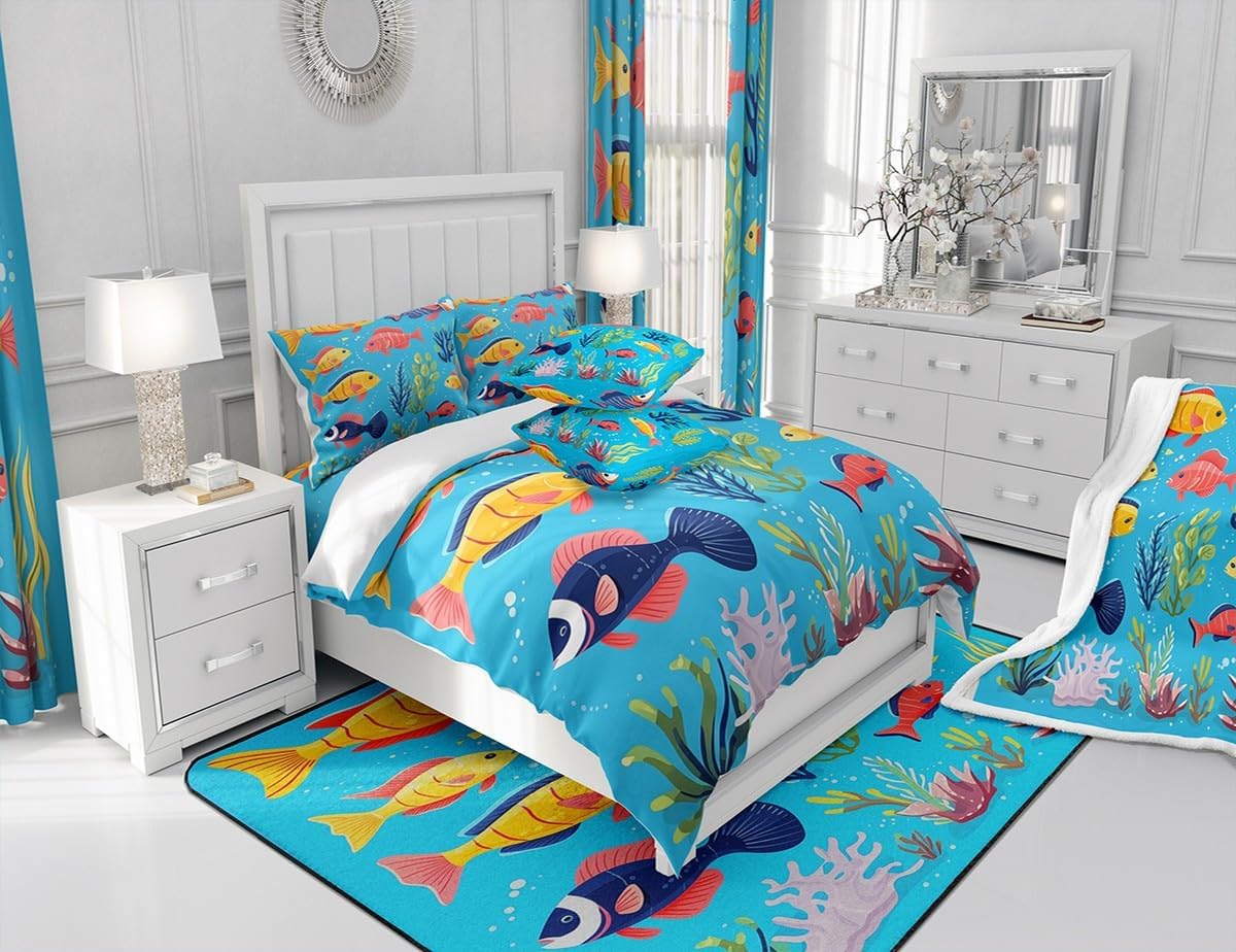 Feelyou Boys Girls Ocean Fish Area Rug 5x7, Sealife Kids Decorative Carpet Nature Marine Animal Rugs for Living Room Bedroom Cute Cartoon Fish Teens Indoor Floor Mat Accent Rug