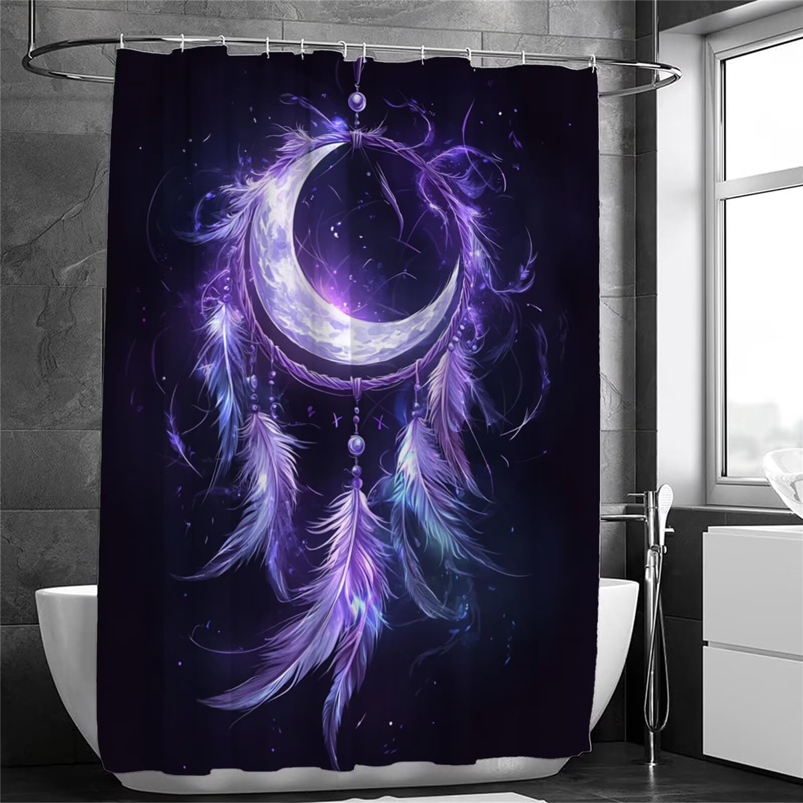 Fioletowa zasłona prysznicowa 240 x 200 cm, bardzo długa zasłona prysznicowa do łazienki, łapacz snów, wodoodporna zasłona na drzwi z haczykami i obciążonym obszyciem, nadaje się do prania