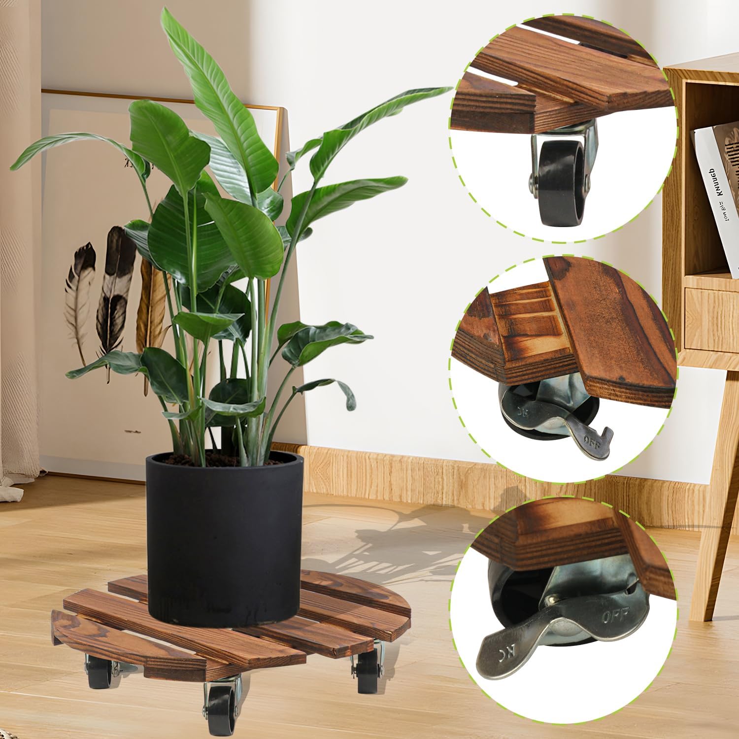 4 Pack 12 Inch Wooden Plant Caddy with Wheels, Heavy Duty 12" Rolling Plant Stand for Indoor & Outdoor Use, Supports Up to 132 lbs, 360° Lockable Casters(Brown)