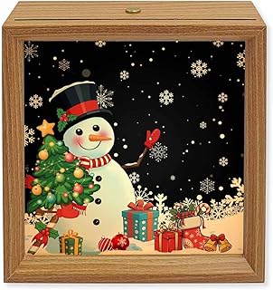 Wood Night Light Box 4.5x4.5in,Winter Snowflakes on Black Table Lights Wooden Picture Frame with USB Rechargeable Touch LED Lights for Home Decor Desktop Display,Christmas Tree Snowman
