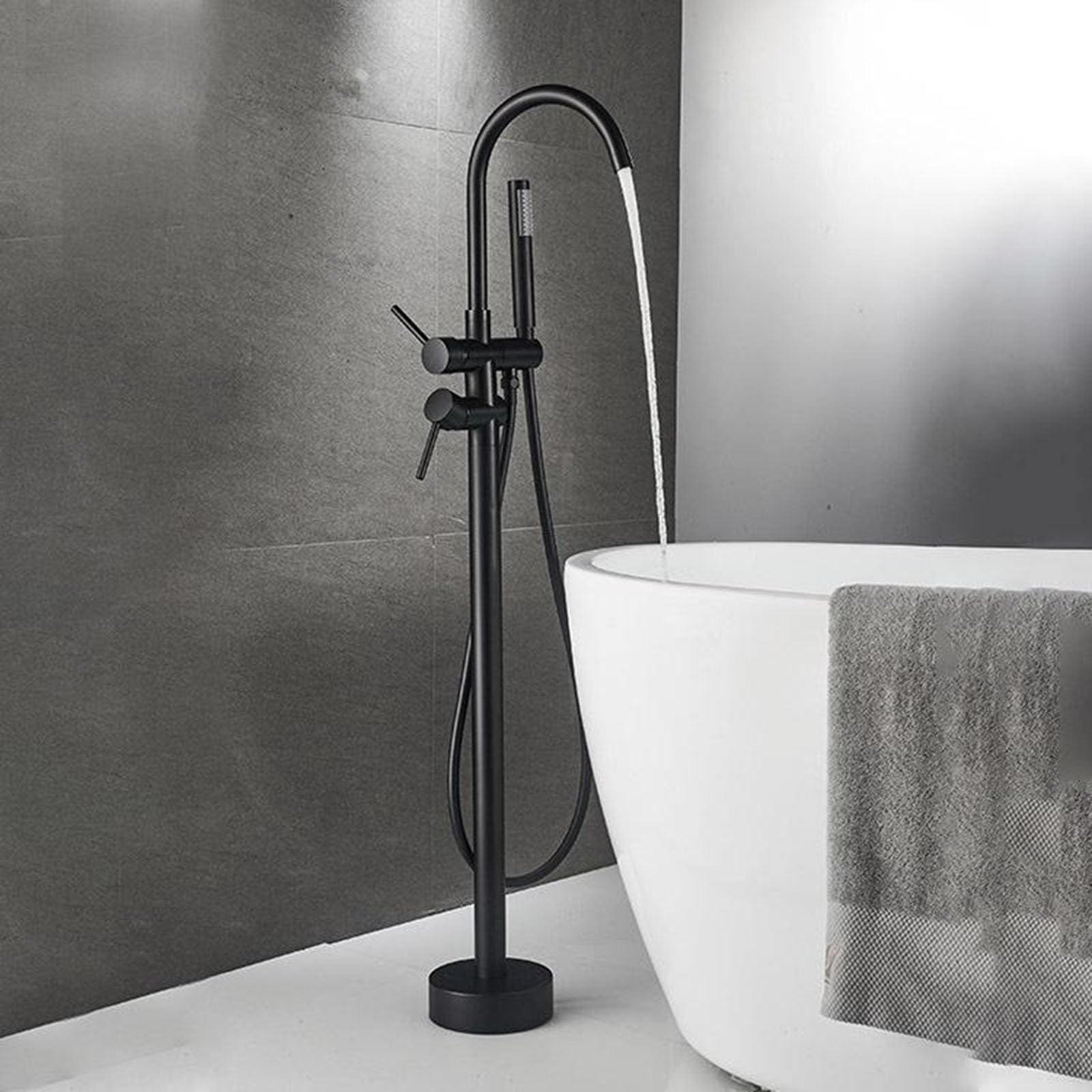 Robinet mitigeur noir pour baignoire ilot avec colonne de douche autoportante rotative