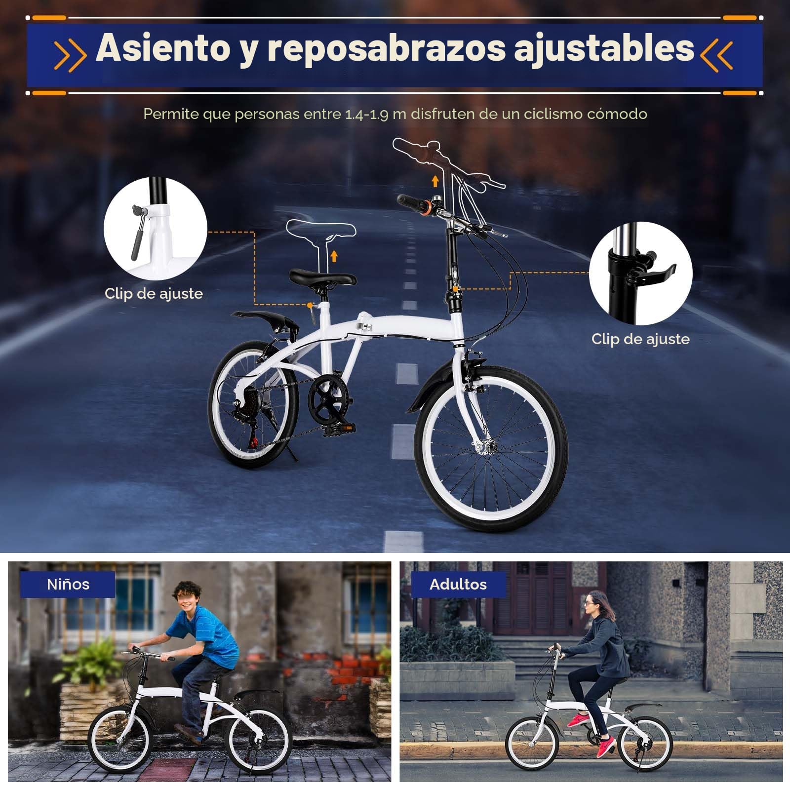 Bicicleta plegable 20 pulgadas, color blanco, 6 marchas, asiento y manillar ajustables, plegado rápido, 90 kg