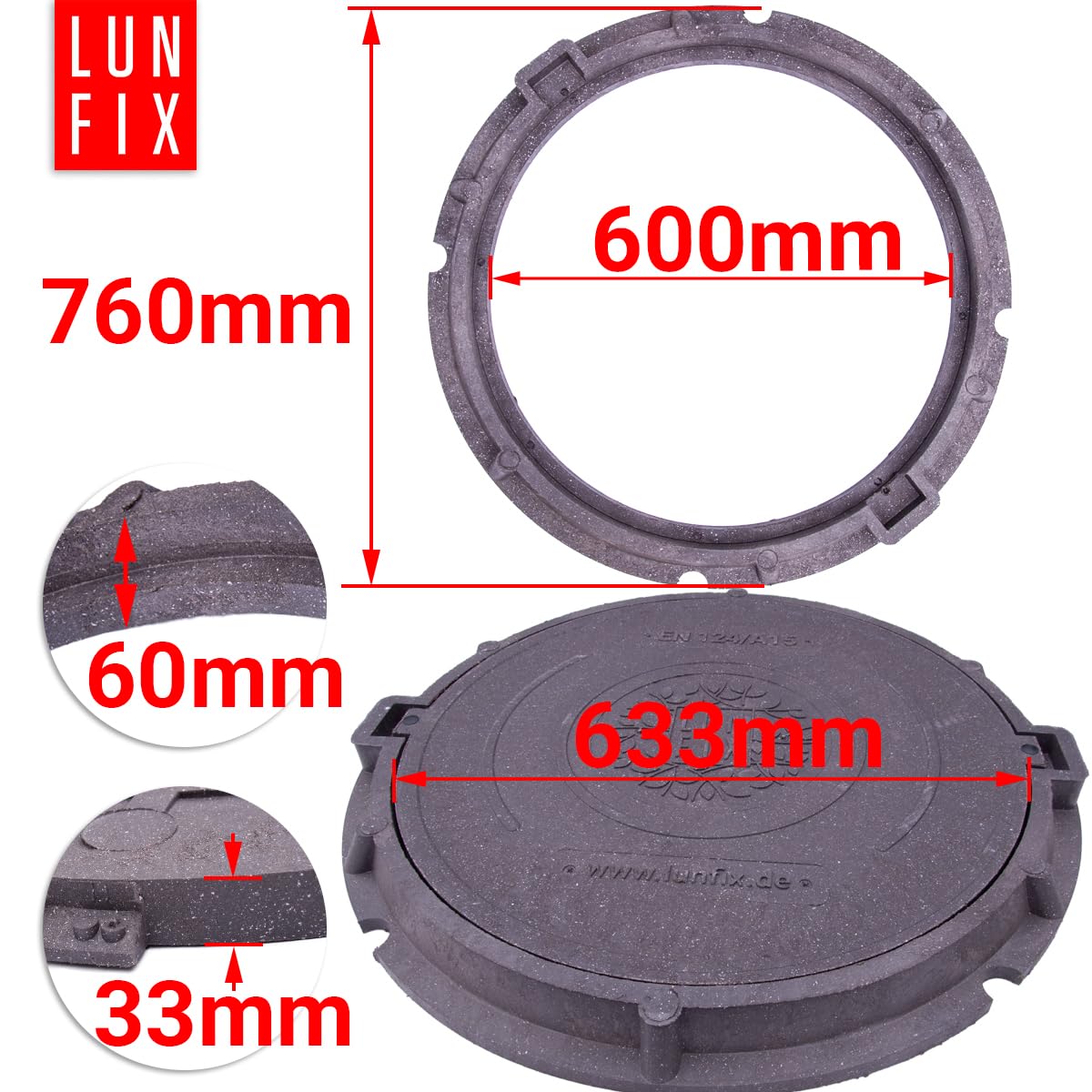 Chiusino pozzetto DN600 A15 grafite con telaio, copertura pozzetto giardino in polimero-sabbia e plastica, coperchio rotondo 600 mm resistente 1,5 t per drenaggio acqua, tappo canale, Lun Fix