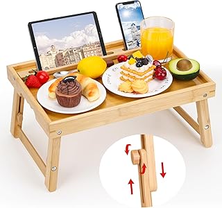 Moretoes Bed Tray Table for Eating, Bamboo Breakfast Food Tray with Adjustable Folding Legs and Phone Holders for Sofa Laptop Desk Snack Tray