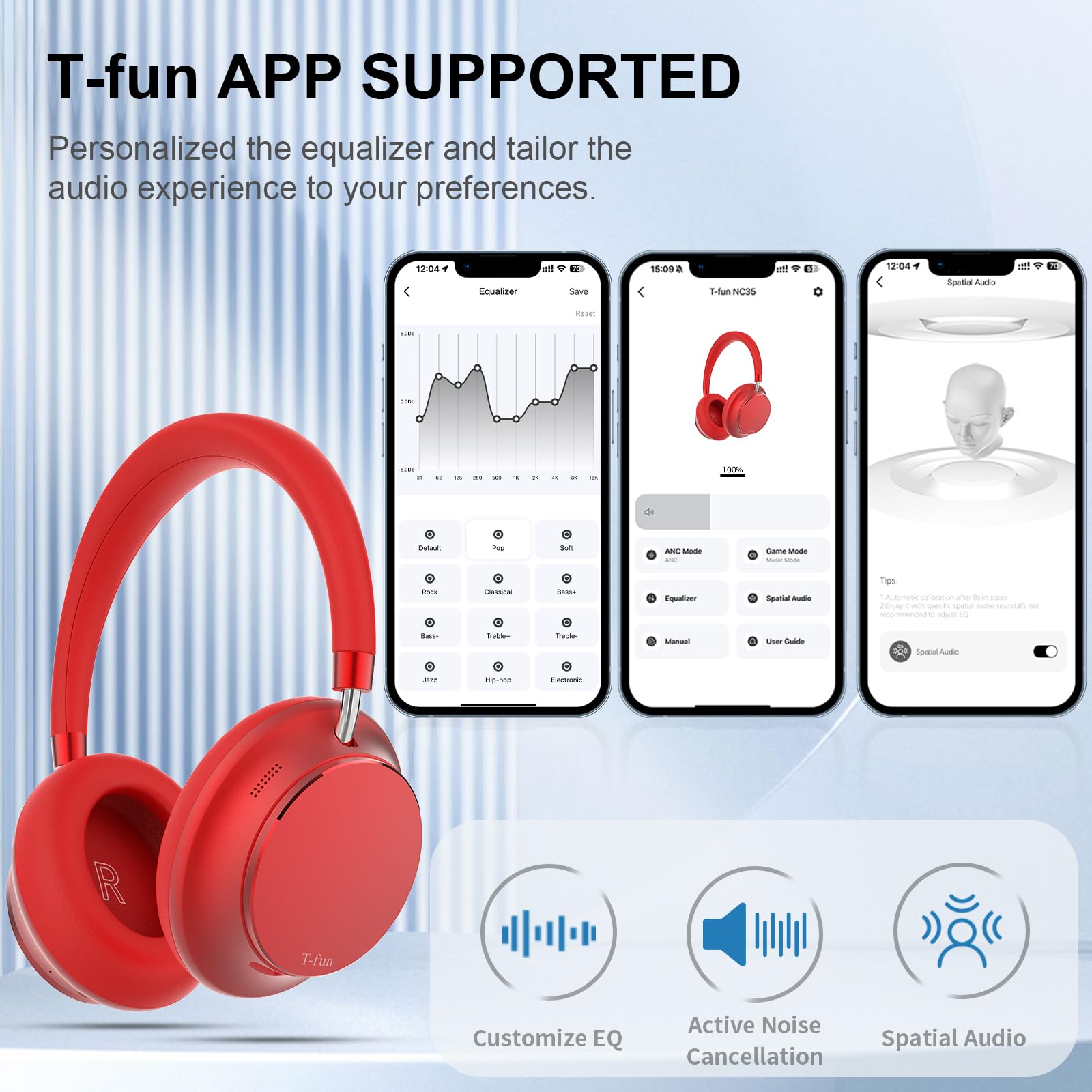 T-fun NC35 Cuffie Over-ear con Cancellazione Rumore Ibrido,Audio Spaziale, Modalità Trasparenza,Bluetooth 5.3, Equalizzatore Personalizzato Tramite App, 55 ore di Riproduzione ANC per Viaggi/Lavoro