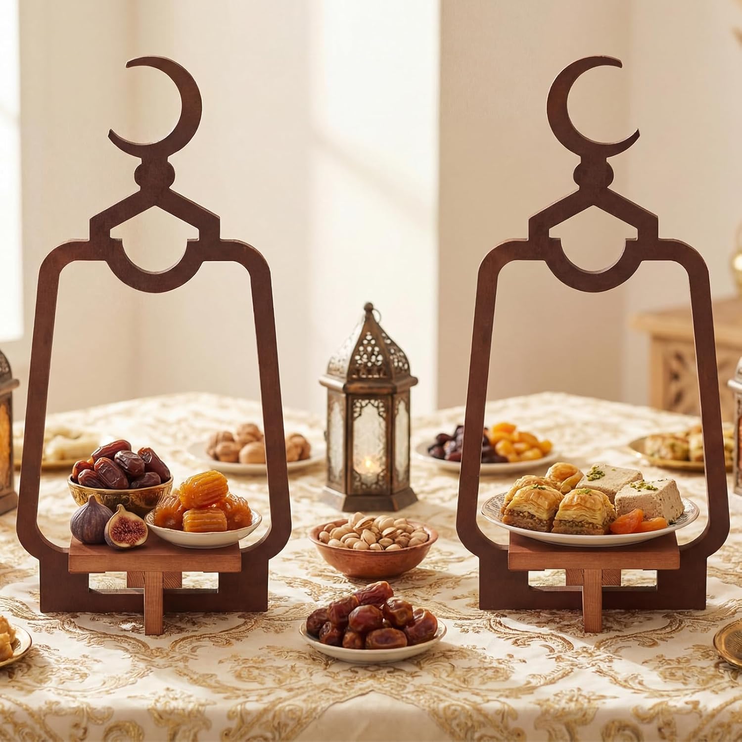 2 Pcs Wooden Ramadan Table Decoration Ramadan Serving Trays Moon Eid Mubarak Food Dessert Serving Trays for Home Mubarak Islamic Muslim Party Decoration