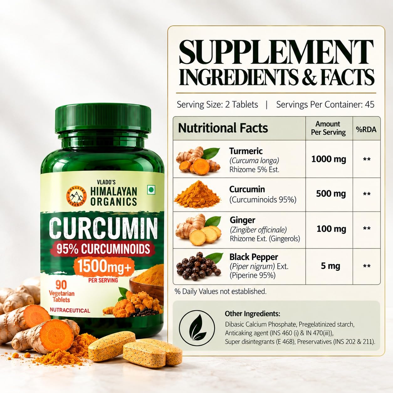 Vlado's Himalayan Organics Curcumin With Biopiperine 1500mg Tablets With 95% Curcuminoids Supplements - With Blackpepper, Turmeric, Ginger I Helps Reduce Inflammation and Pain | Antioxidant & Anti-inflammatory I Advanced Absorption - Daily Joint and Immune Health Support High Absorption Ultra Potent for Men & Women - 90 Veg Tablets — Amazon image 2