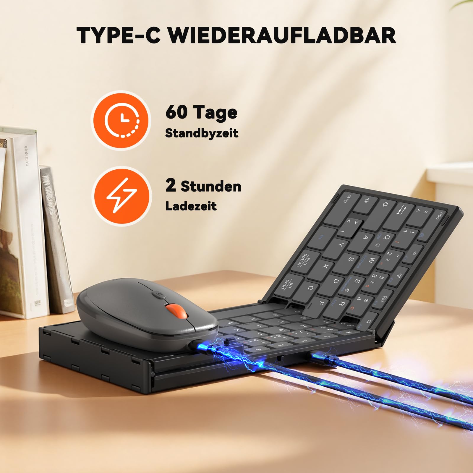 MEETION QWERTZ - Juego de teclado plegable con Bluetooth, teclado inalámbrico plegable con ratón, 2,4 GHz, diseño QWERTZ, compatible con Windows/Mac/iOS/Android/iPad, color negro
