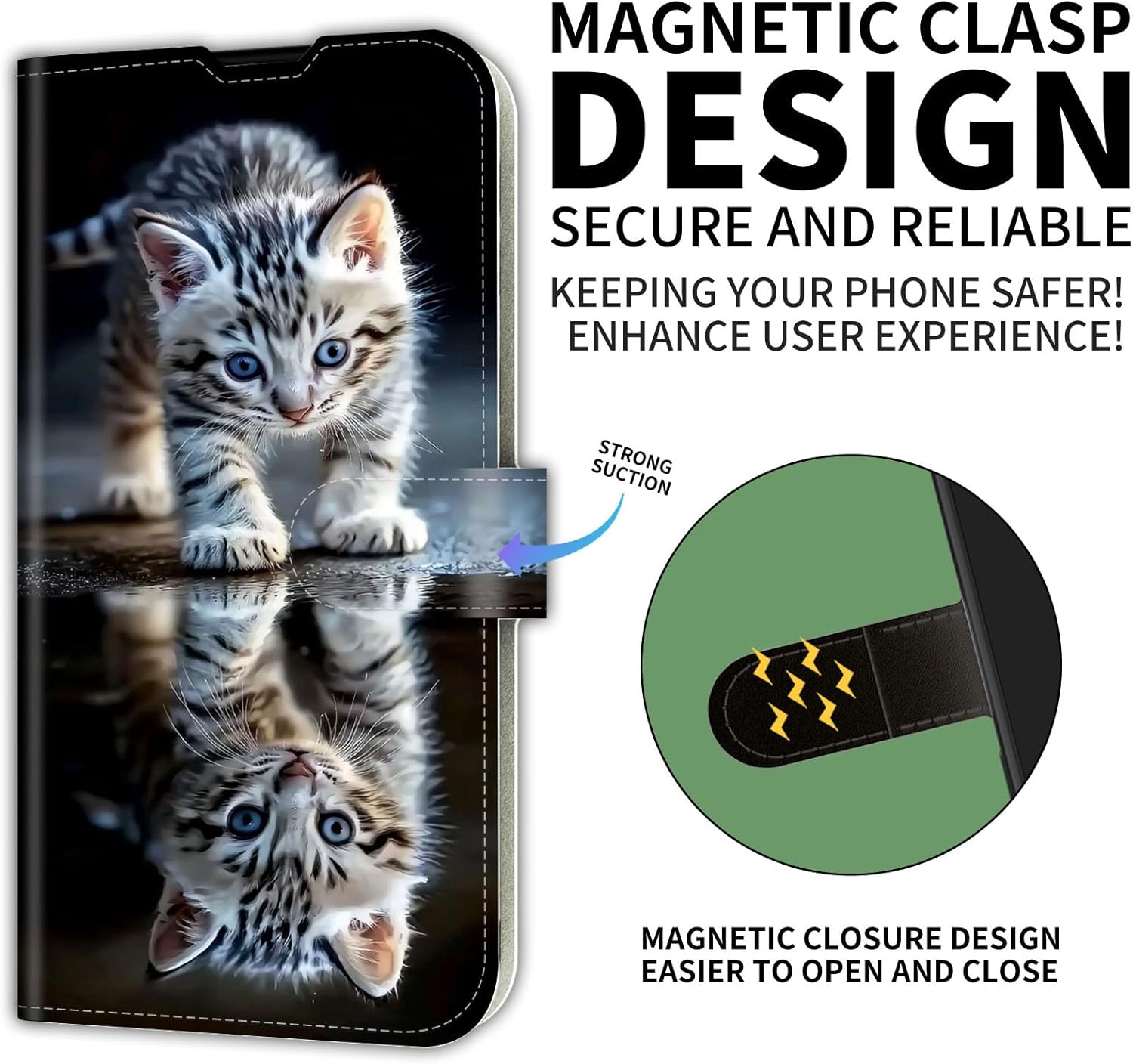 for iPhone 17 Flip Cover PU Leather Case,for iPhone 17 Reflection Cat Magnetic Clasp Phone Wallet with Wristband Card Holder,Kickstand Shockproof Case and Screen Protector