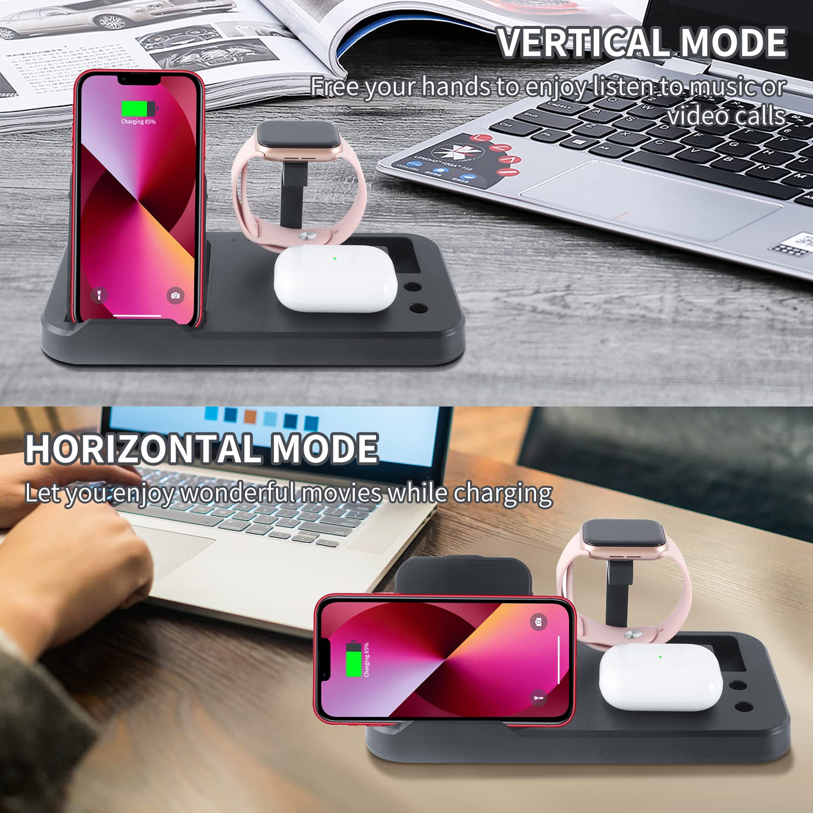 Station de charge sans fil 4 en 1, support de charge pliable, station de charge rapide améliorée pour iWatch Series 6/SE/5/4/3/2, AirPods et crayon, compatible avec iPhone et téléphone Android