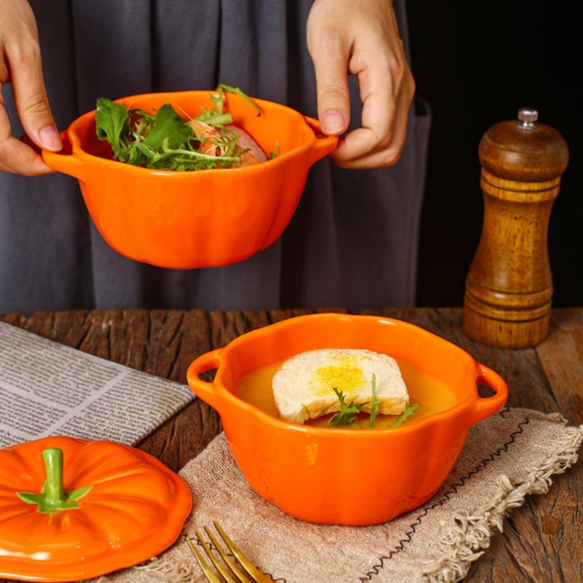 Pumpkin Bowl with Lid, Ceramics Food Container, Halloween Season
