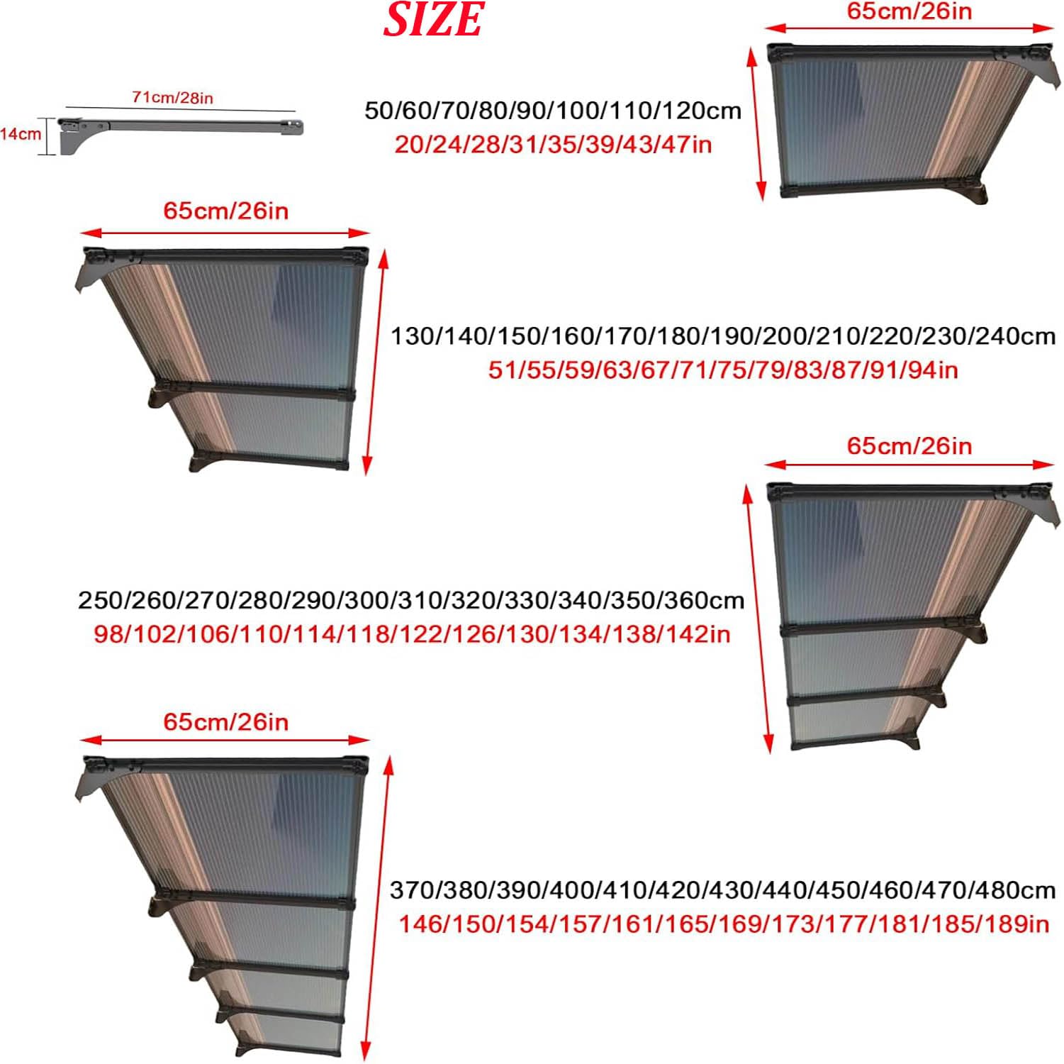 Aluminiowa markiza na okno przednie, wodoodporna, ochrona przed promieniowaniem UV i deszczem, na werandę, patio, do ogrodu, na dach, 65 x 470 cm, ochrona przed deszczem na zewnątrz A01