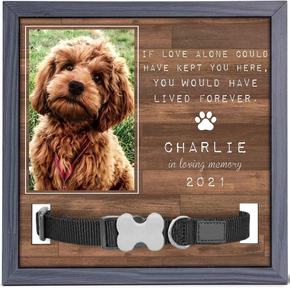 PawfectHouse Personalized Dog Memorial Frame - Upload Photo & Collar Holder, 9x9 Pet Loss Sympathy Gift for Dogs Cats