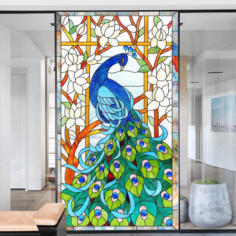 Peacock Series Decorative Privacy Window Film Frosted Glass Window Film Heat Control Glass Sticker for Home Office W23.6 x H78.74(60x200cm)