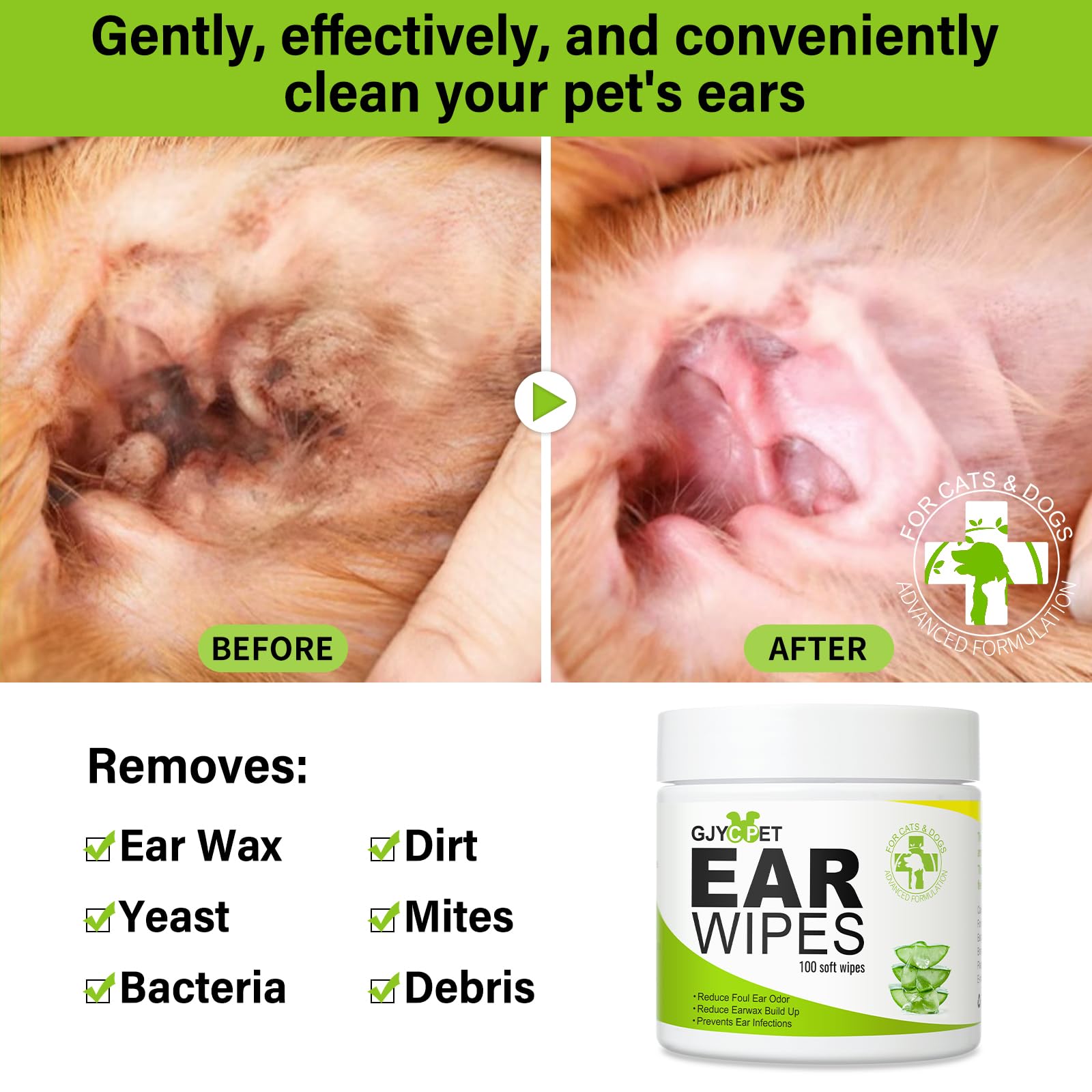 Pulizia orecchie cane, Salviette per le orecchie dei cani, per cani e gatti per il controllo degli odori, 100 salviette per le orecchie del cane, Rimuove l'odore e lo sporco dalle orecchie del cane
