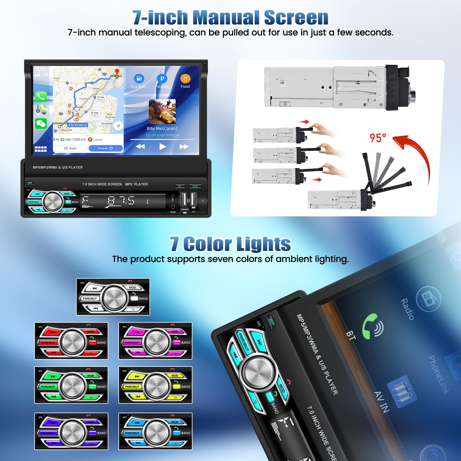 1DIN Autoradio avec Écran Rabattable et Carplay et Android Auto sans Fil, Autoradio 1 DIN à Écran Tactile 7 Pouces avec Bluetooth/SWC/USB/FM + Caméra de Recul + Microphone