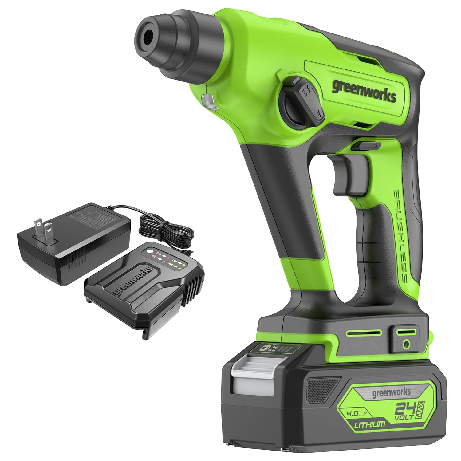 Greenworks 24V Cordless 1.2J Rotary Hammer Drill with 4Ah Battery and 2A Charger, 1/2-Inch Brushless Power Drill, 1440 RPM, Drill/Hammer Modes