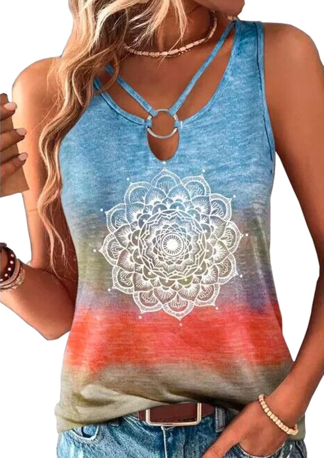 SAUKOLE Women’s Sleeveless Tank Tops Yoga Workout Shirts Cute Printed Loose Fit Running T-Shirt