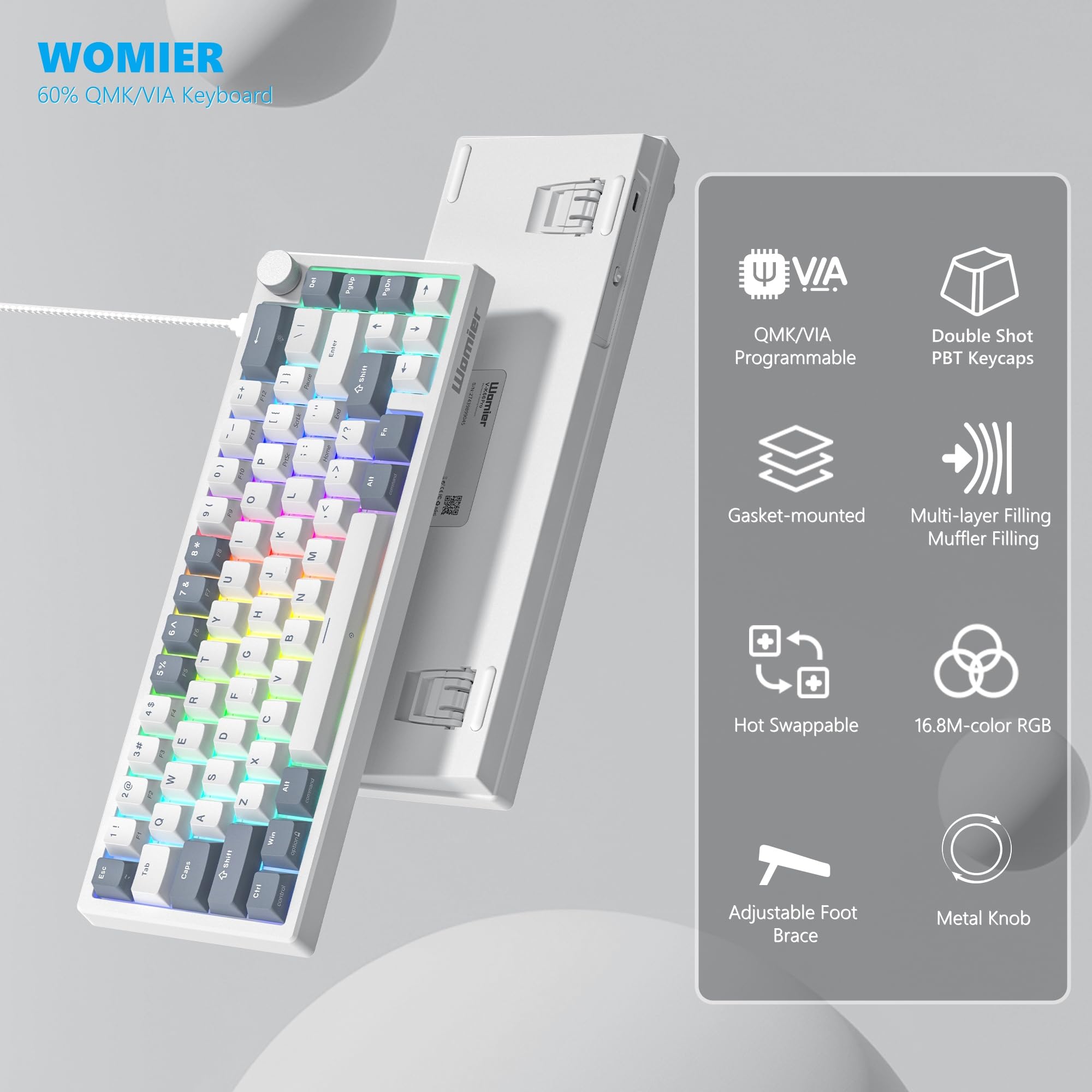 Womier Clavier de Jeu mécanique à 60% avec remplaçable à Chaud, Filaire, commutateurs linéaires Pom, LED crémeux, Touches PBT pour Mac/Win, Blanc