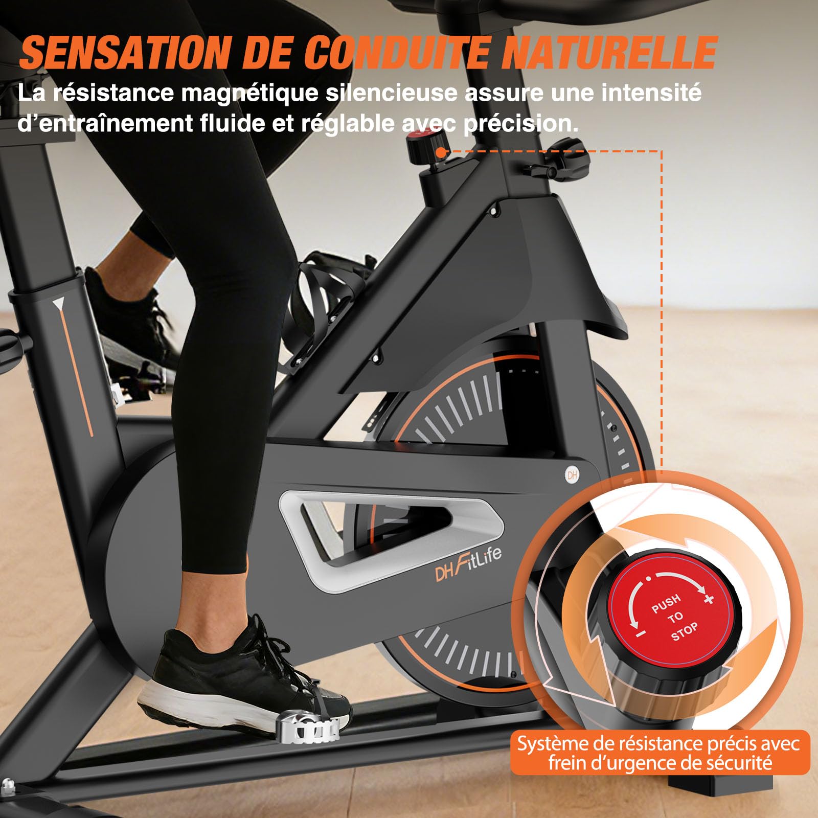DH FitLife Vélo d’appartement ergomètre | Hometrainer silencieux à résistance magnétique | Capteur de pouls & APP | Guidon amélioré, écran/moniteur | 150–195 cm