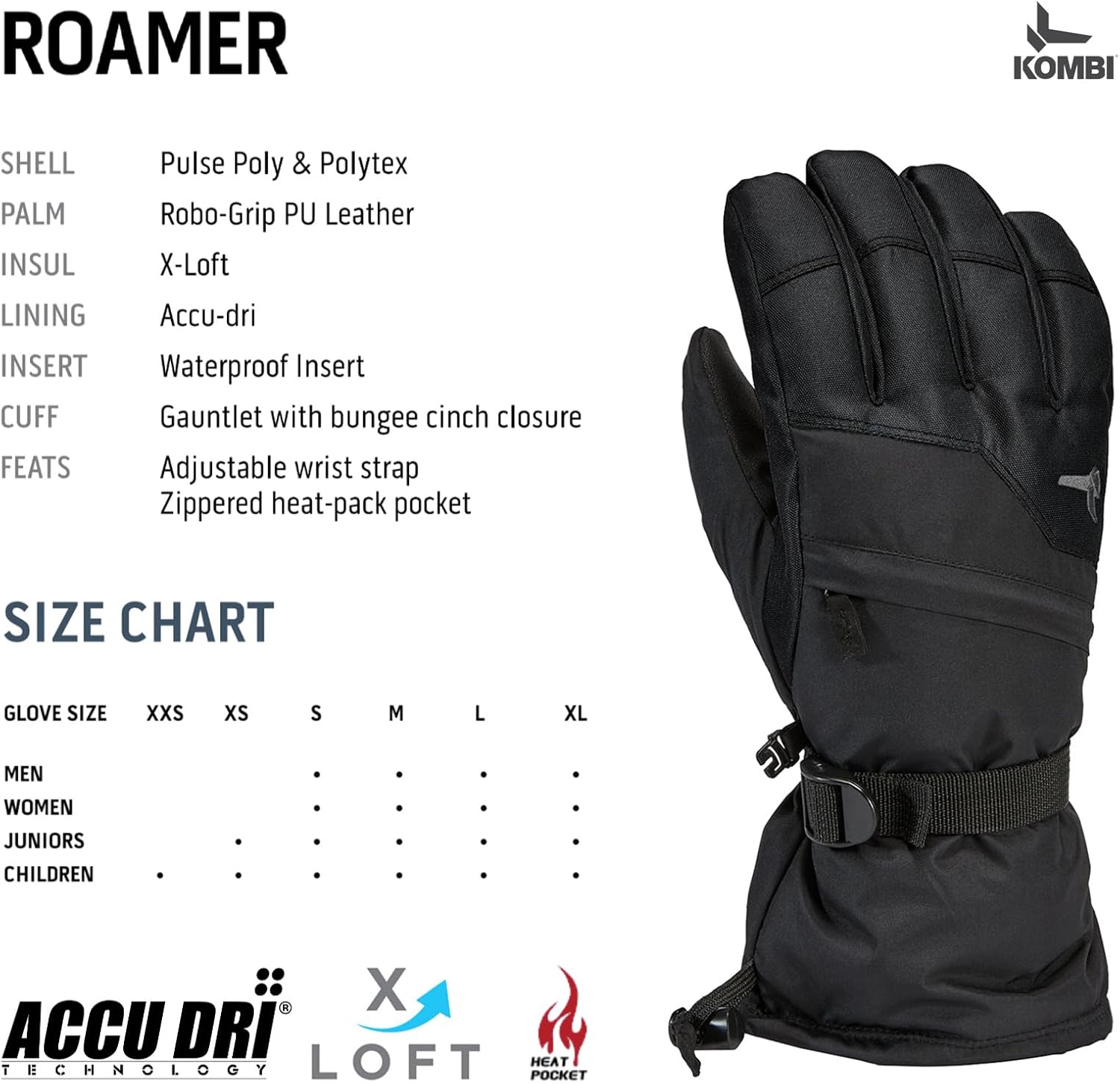 Kombi Men's Roamer Waterproof Insulated Warm Winter Gloves | Cold Weather Gloves for Skiing, Snowboarding & Winter Sports