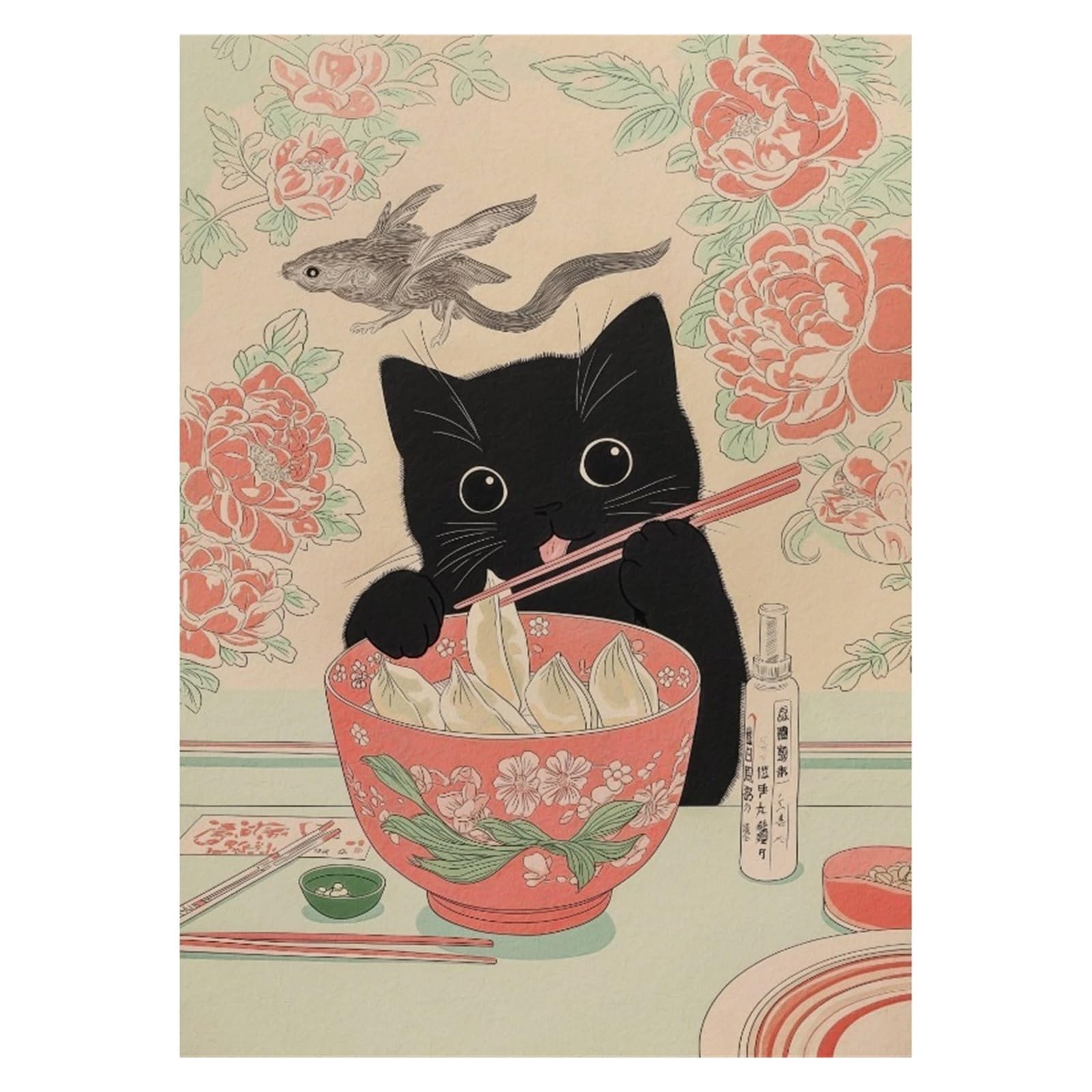 Graiting 1pc Noble Tabby Cat Eating Ramen Fuji View Poster Wall Pictures Canvas Painting Home Bathroom Decor(7,50x70cm)