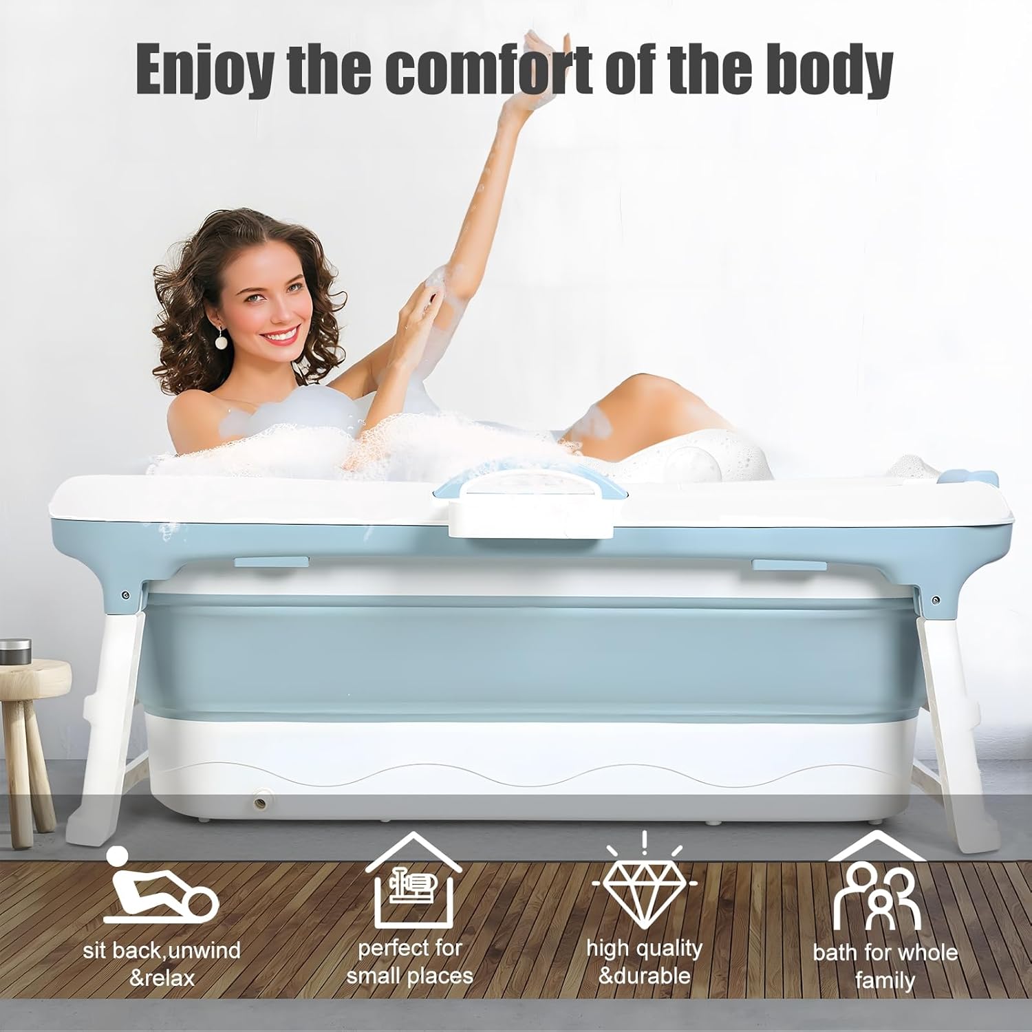 Bathtub for Adult- Large Foldable Collapsible tub. Ergonomically Designed for the Ultimate Relaxing Soaking Bath, Ice Bath. Ideal for Small Spaces, Quick, Effortless Folding Bathtub 58Inch