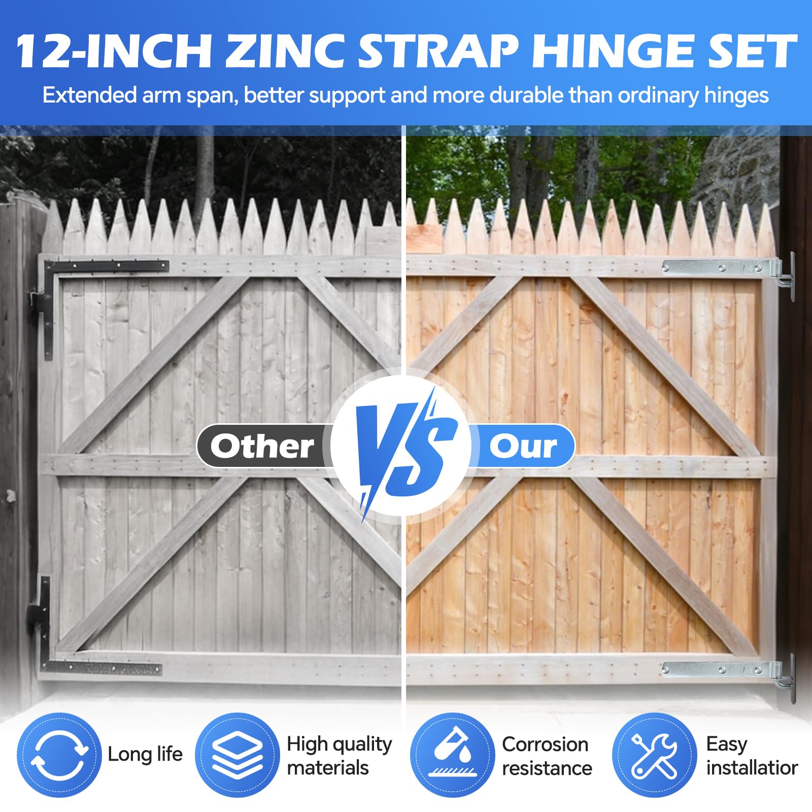 300 mm di bandella per porta con cardine, 2 x cerniere per porta a carico pesante in nastro zincato 300 mm (12 pollici), zincato Cerniera per cancello da giardino, bandella per porta, per porte
