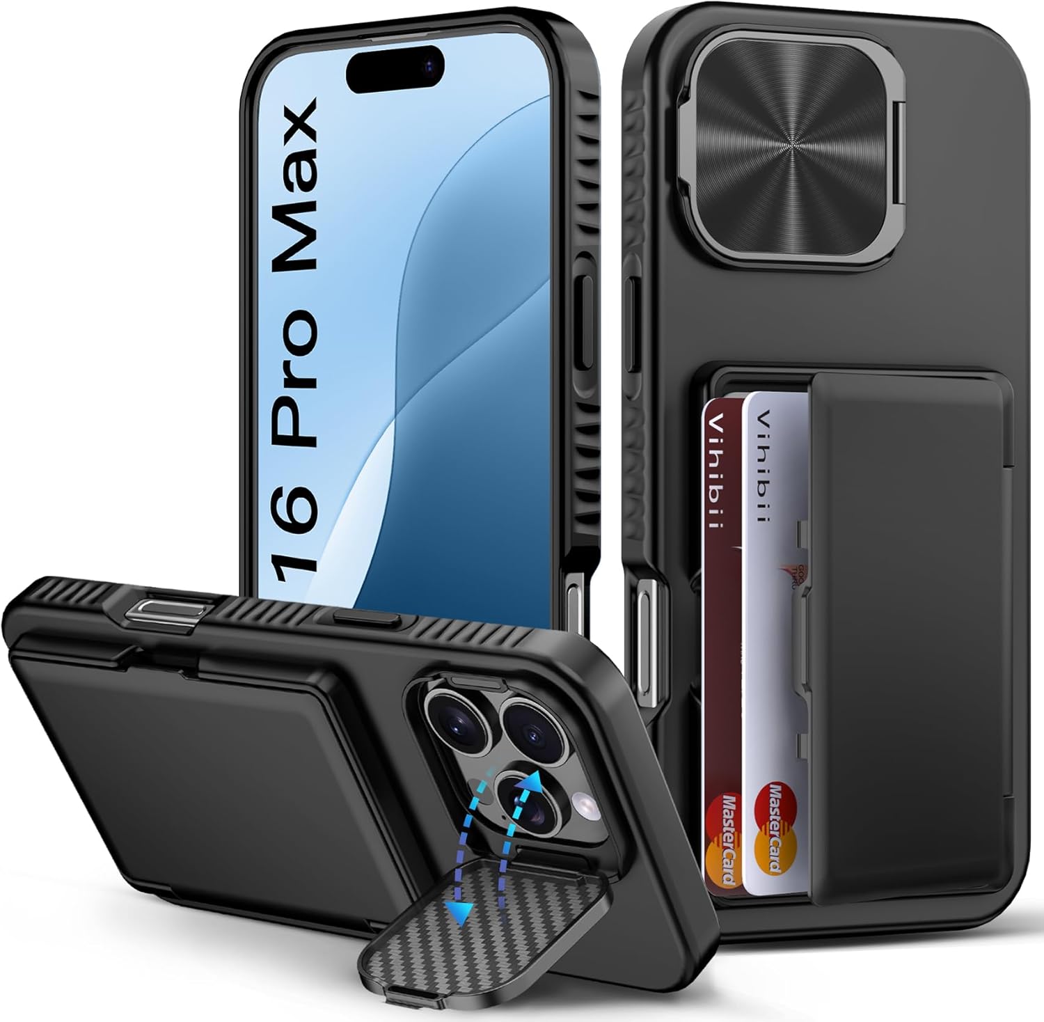 BXYJY for iPhone 16 Pro Max Wallet Case, Camera Cover Stand, Built-in Card Holder (4-5 Cards), Military Grade Drop Protection, Heavy Duty Women Men Rugged Phone Case for iPhone 16 Pro Max, Black