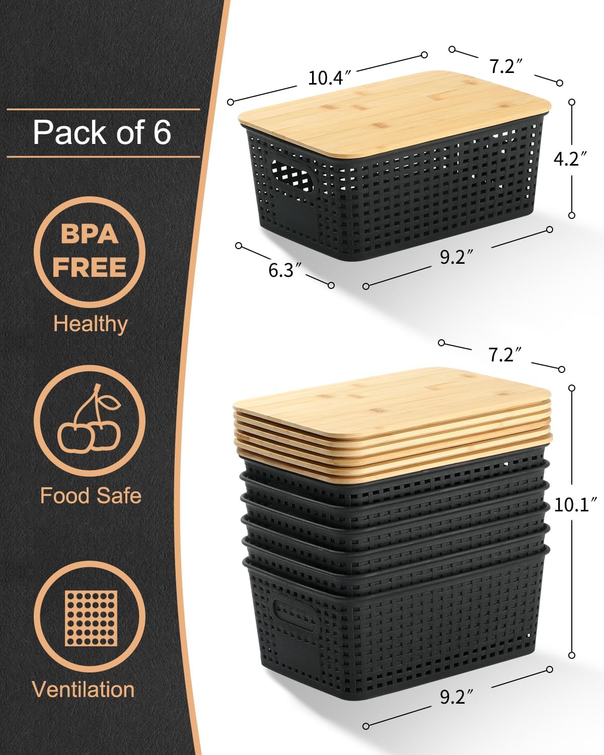Storage Bins with Bamboo Lids, 6 Pack Plastic Storage Baskets and Storage Containers, Storage Baskets for Organizing Shelves Drawers Desktop Closet Playroom Classroom Office Home, Black