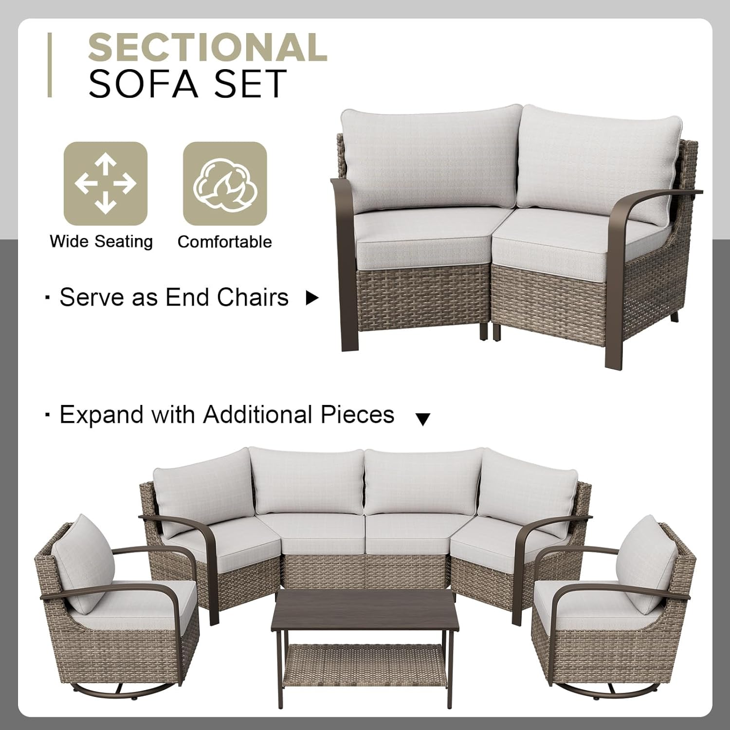 COOS BAY Aurora Terrace Outdoor Wicker Sectional Curved Sofa Set, Modular Patio Seating with Cushions, 2 Piece 2 Seat Balcony Furniture Set, Beige/Beige