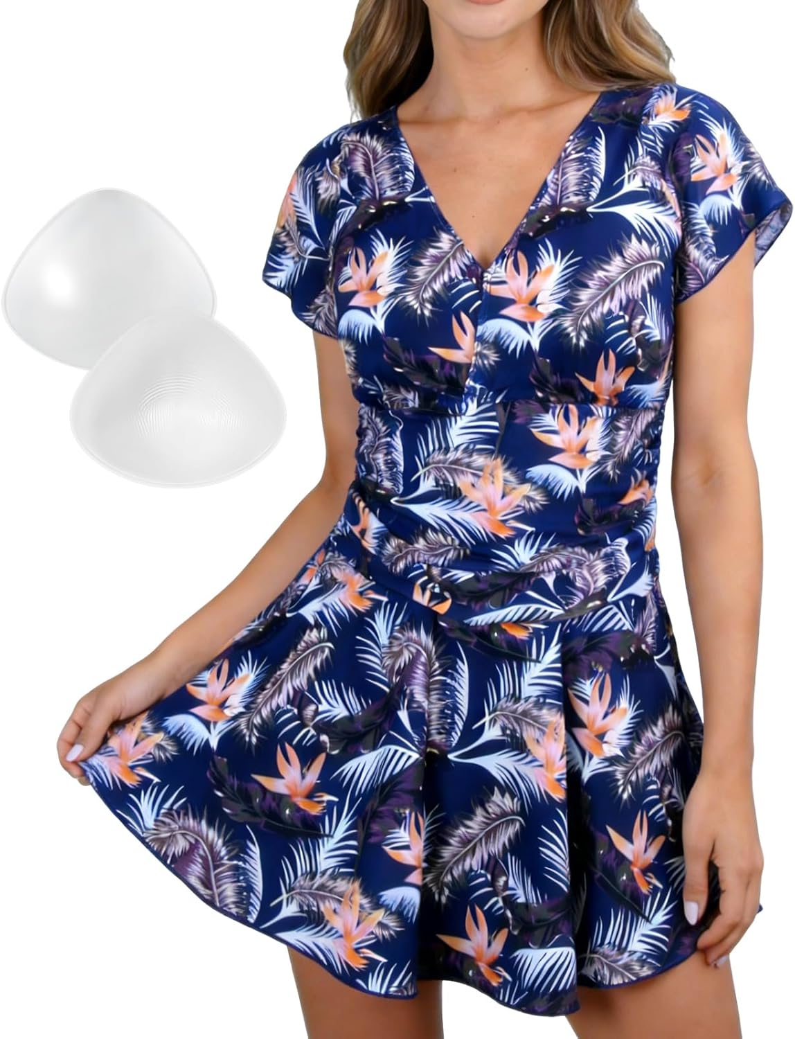 Women's Swim Dress with Breast Prosthesis One Piece Swimsuit Bust Enhancement Tummy Control Bathing Suit V Neck Swimwear