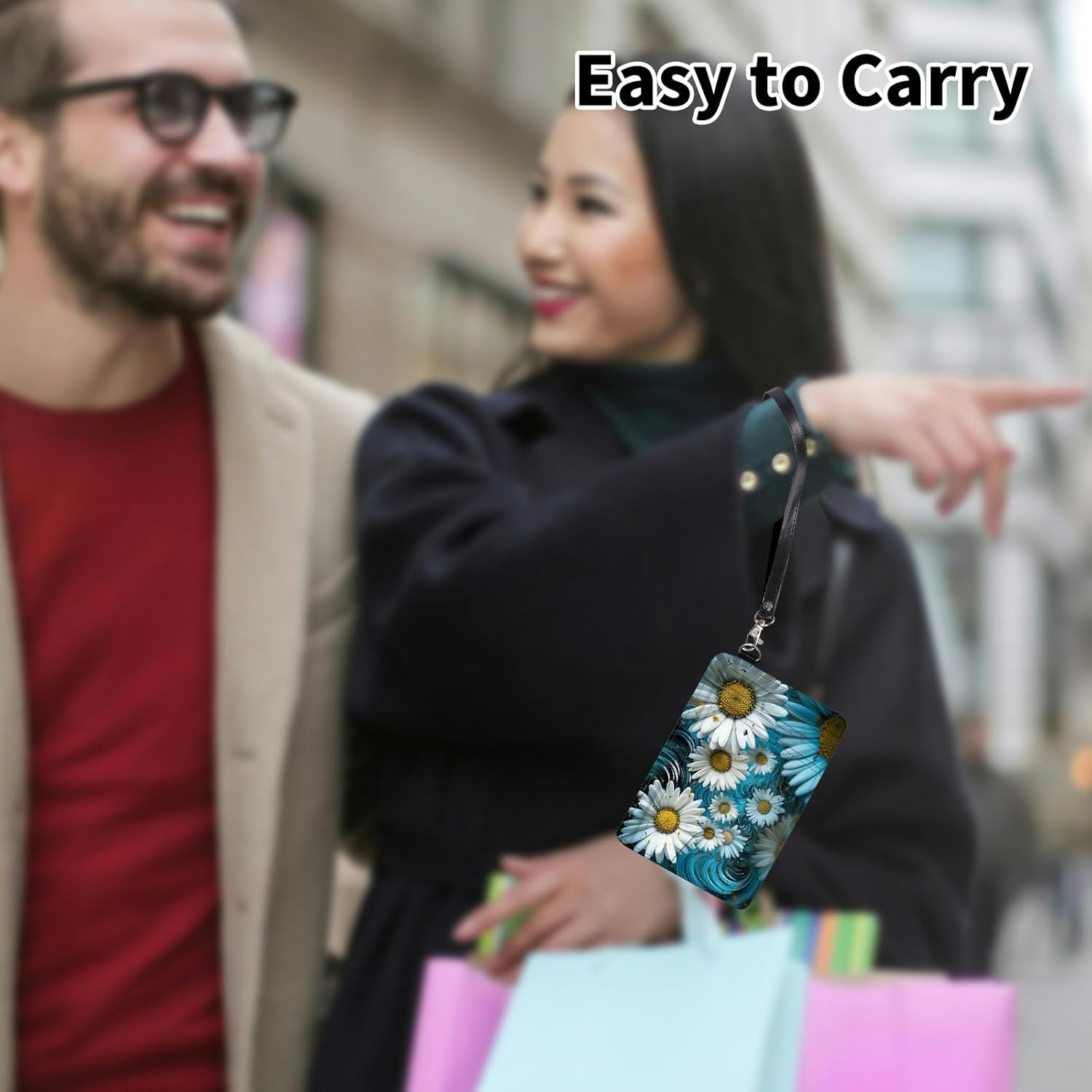 Slim Minimalist Wallet for Men & Women [ Wrist Strap ] PU Leather RFID Blocking Front Pocket Credit Card Holder Small Wallets Card Cases with ID Window, Small Daisy - Image 7