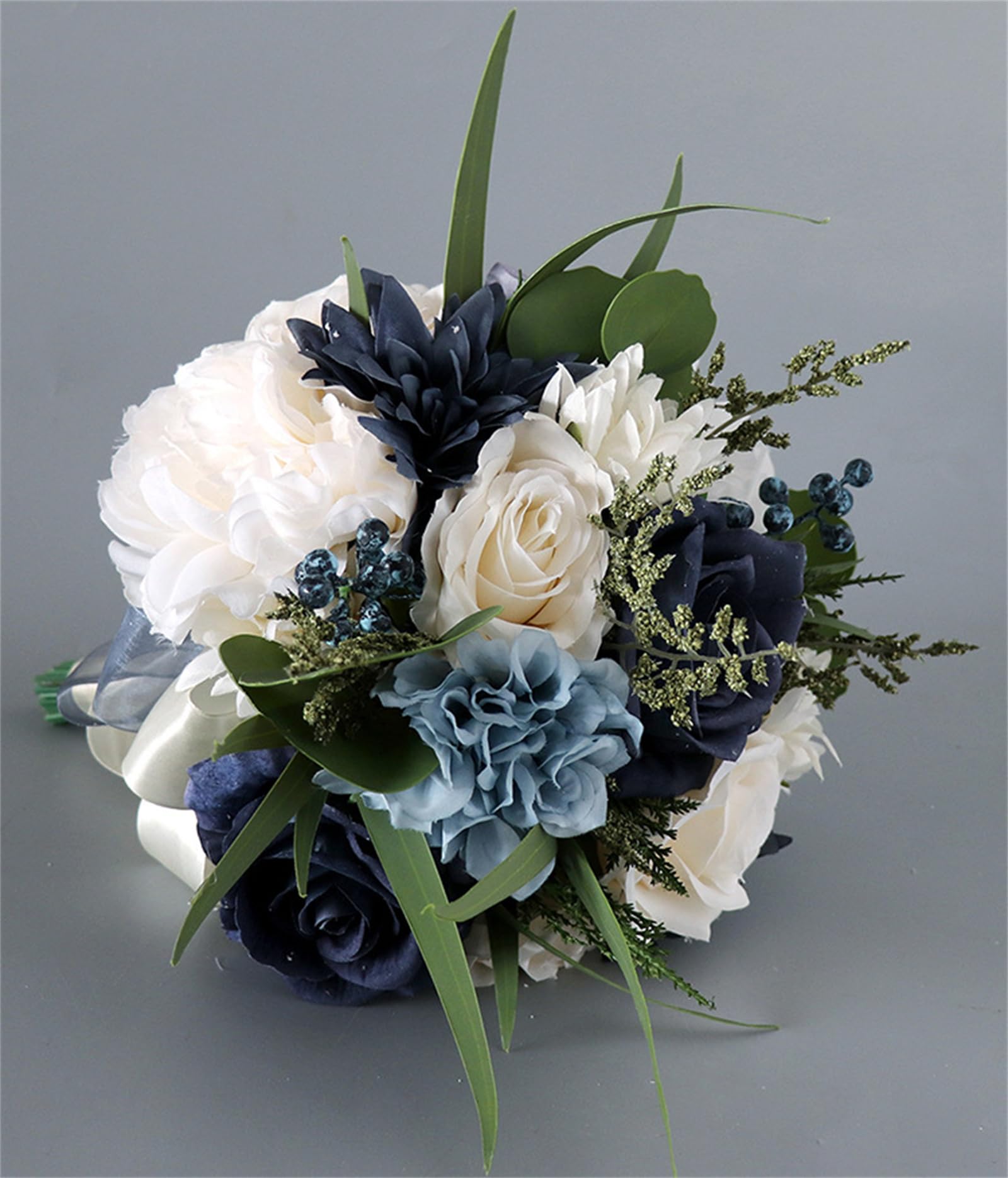 Brautsträuße für Hochzeit, Blumenstrauß, marineblau, weiß, Brautstrauß, für Hochzeitszeremonie, Geburtstag, Brautparty, rustikale Hochzeit, Französisch (Weiß + Marineblau)
