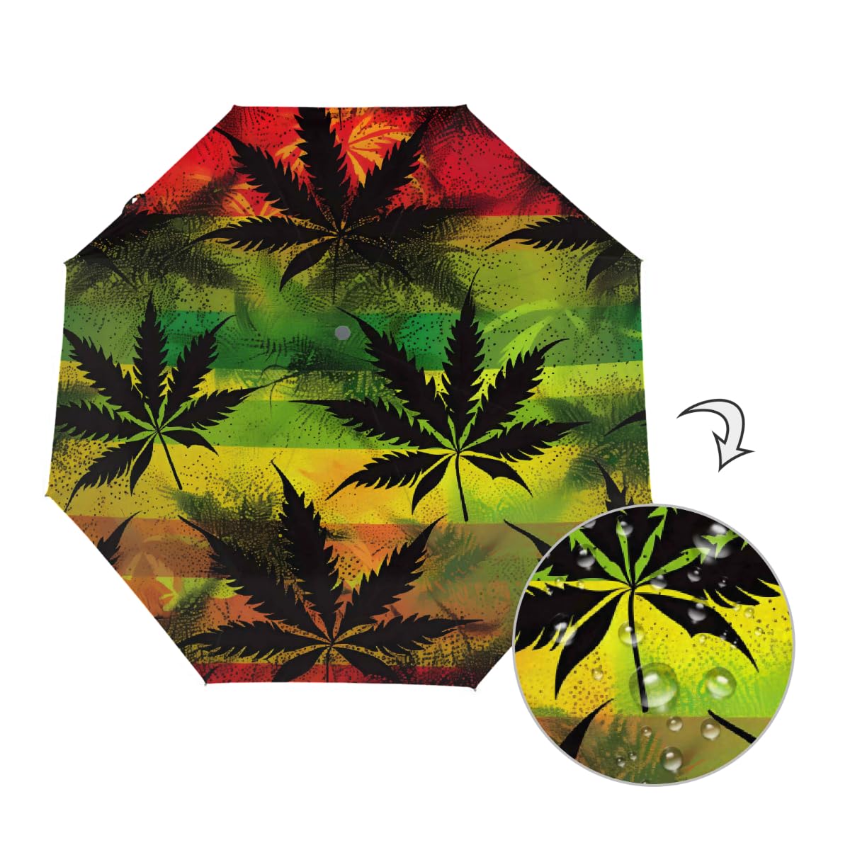Ombrello pieghevole da viaggio Rasta con foglie di cannabis, compatto, antivento, impermeabile, con protezione UV, rivestimento nero, leggero, 8 costine, portatile, per pioggia e sole