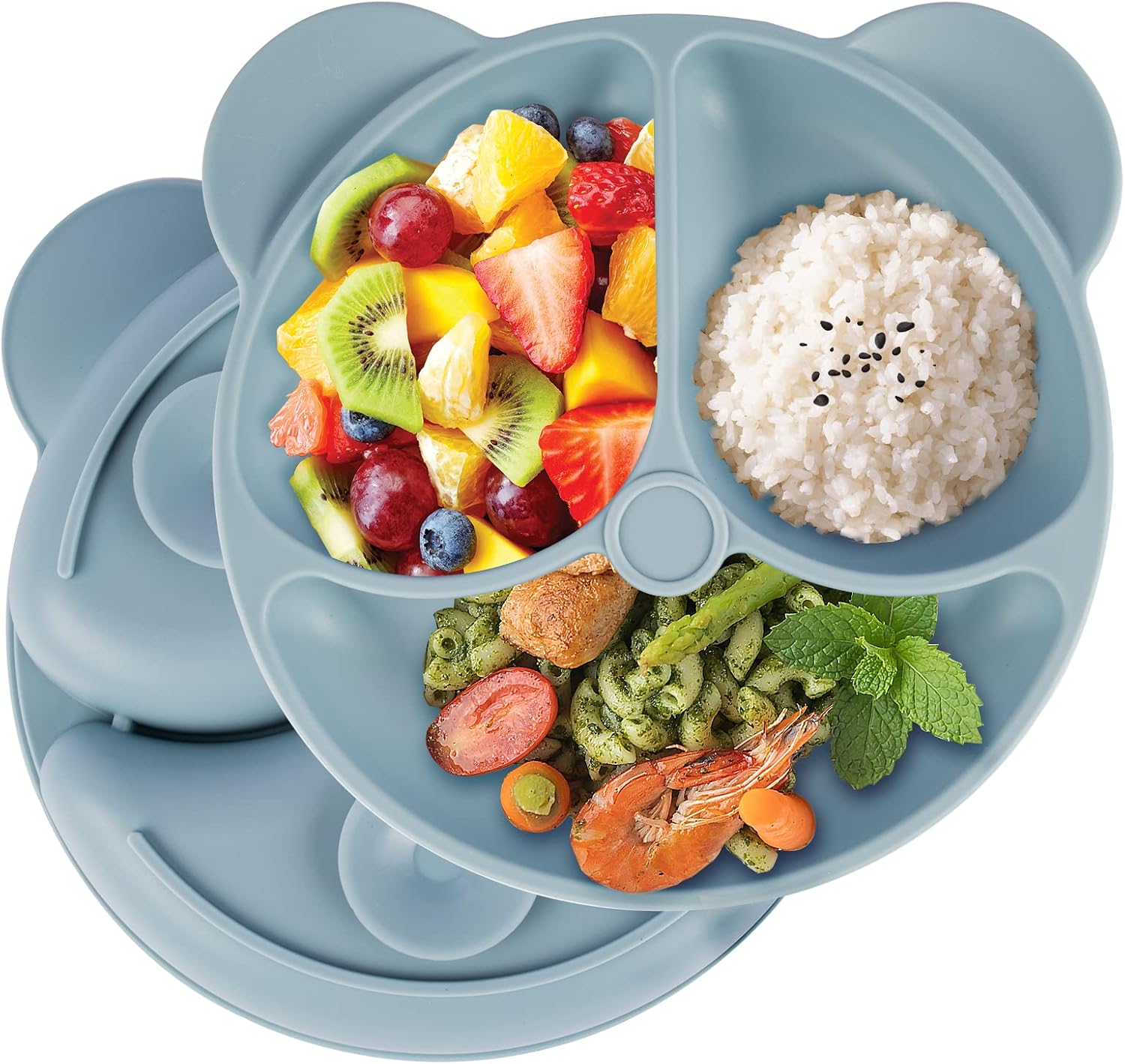 AuraFusion 3 Piatti Con Ventosa Per Bambini – Silicone Atossico, Divisori Per Alimenti, Lavabili In Lavastoviglie, Colori Verde Grigio Beige